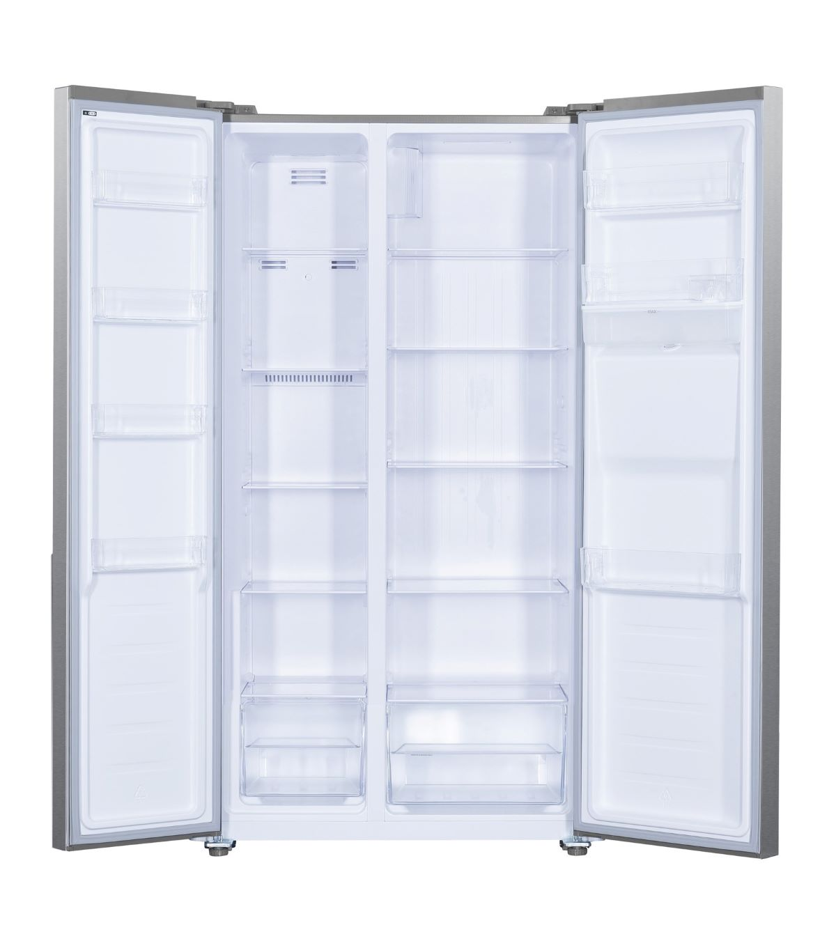 Ein Kühlschrank mit geöffneten Türen, zeigt Regale und Staufächer.