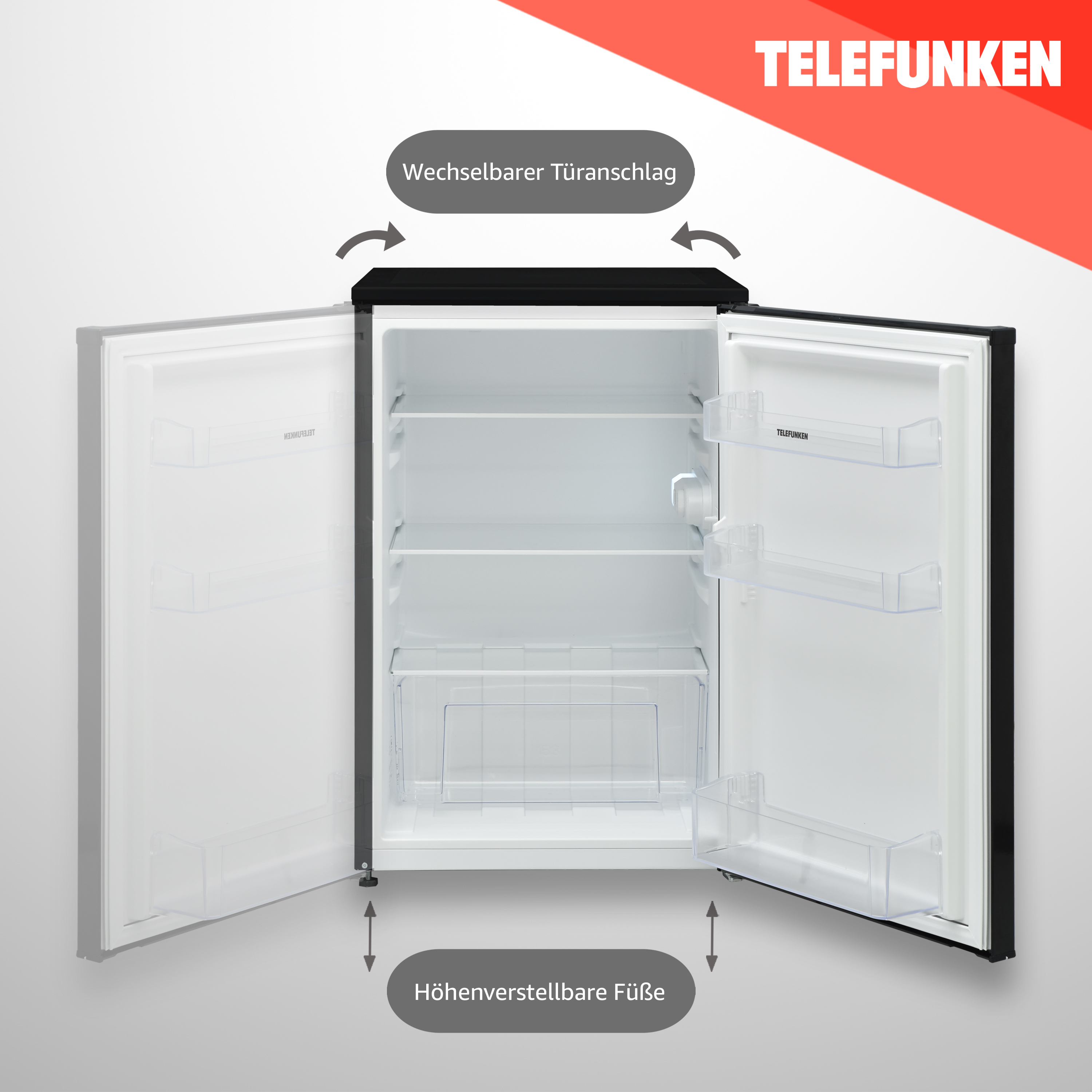 Ein Kühlschrank mit geöffneten Türen. Text sagt: Wechselbarer Türanschlag und Höhenverstellbare Füße.