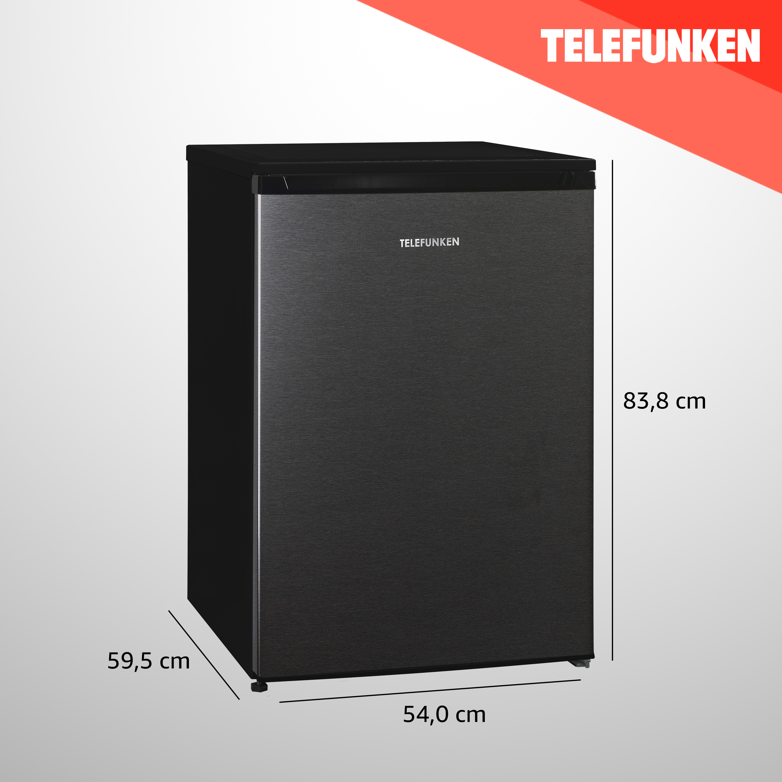 Schwarzer Telefunken Mini-Kühlschrank mit angezeigten Abmessungen, vor weißem Hintergrund.