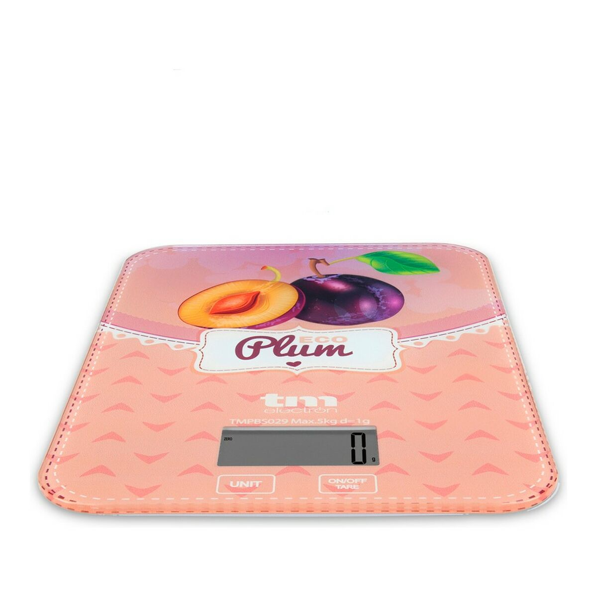 Báscula de cocina digital rosa con gráfico de ciruela. Fondo blanco.