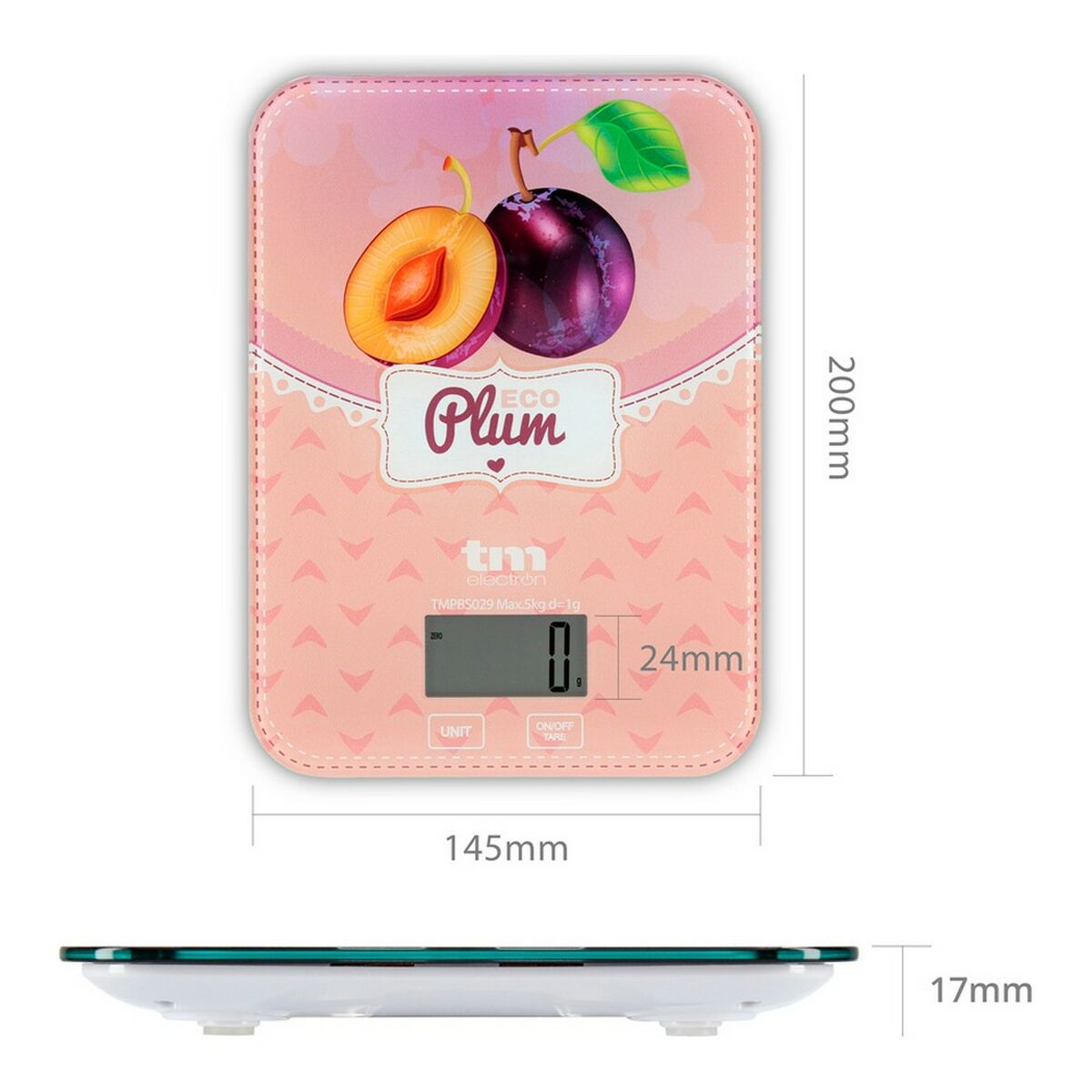 Balanza de cocina digital rosa con gráfico de ciruela y dimensiones, sobre fondo blanco.
