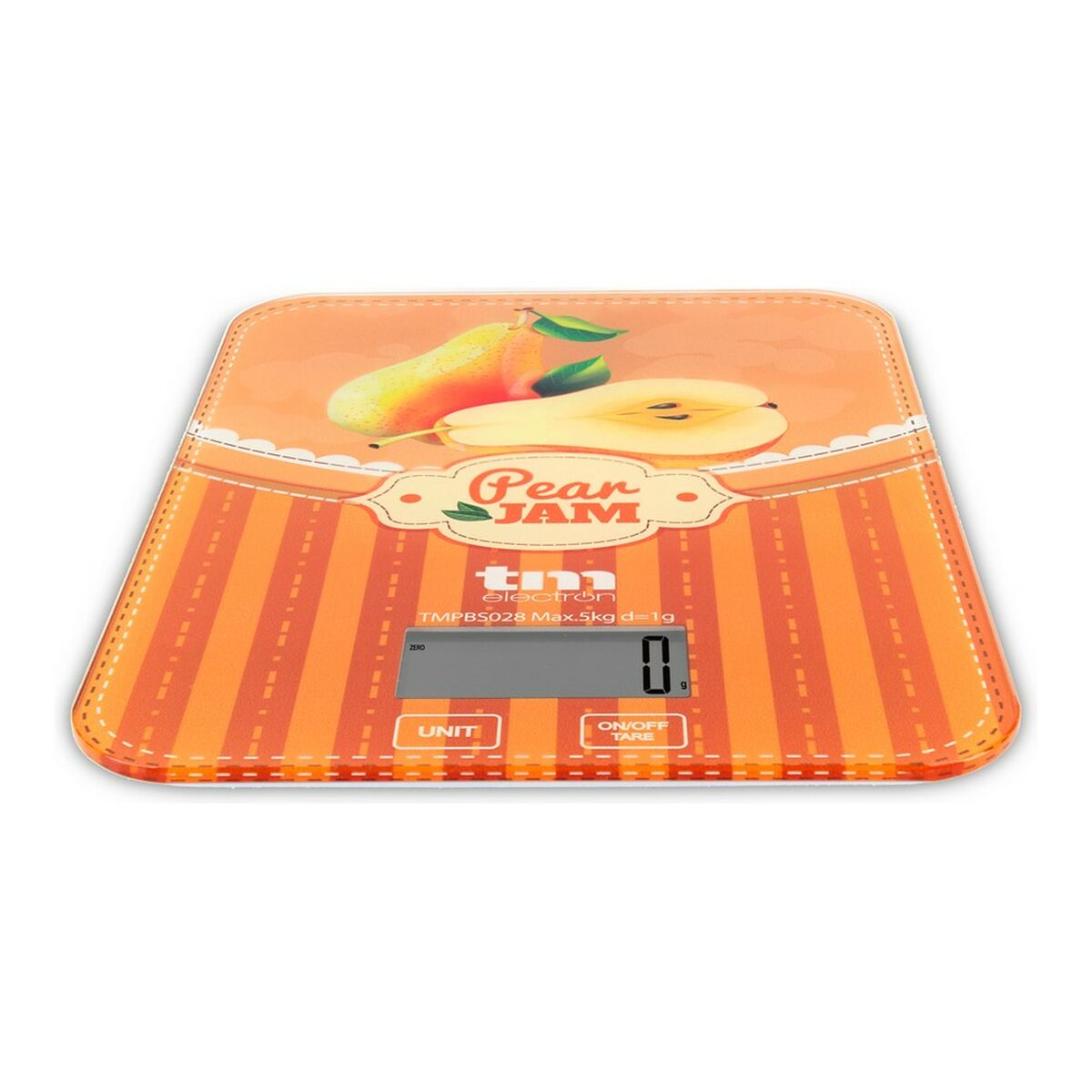 Báscula naranja con pera y texto 'Pear Jam'. Pantalla muestra '0'. Botones 'Unit' y 'On/Off Tare'.