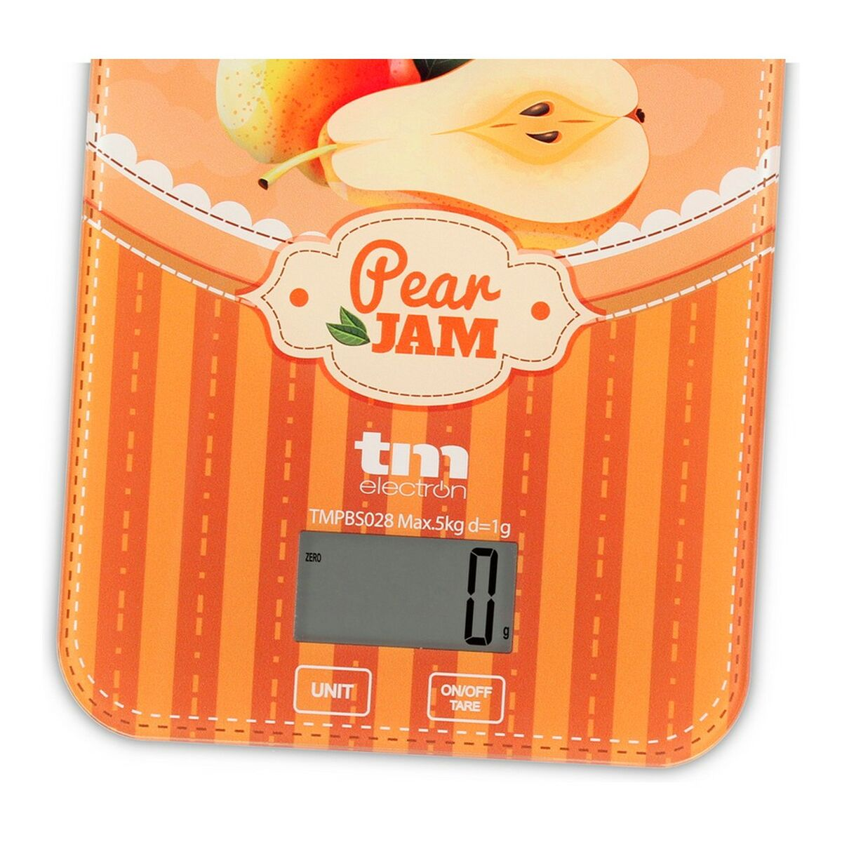 Báscula de cocina naranja con imagen de pera y las palabras Pear JAM. La báscula muestra cero.