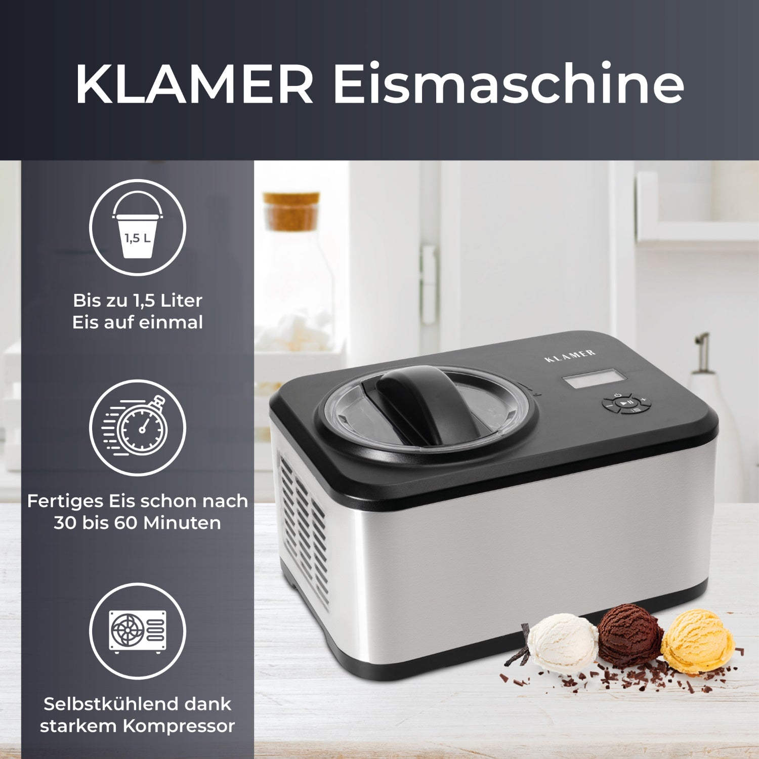 Eine Eismaschine mit drei Eiscremekugeln und Text, der ihre Eigenschaften beschreibt.
