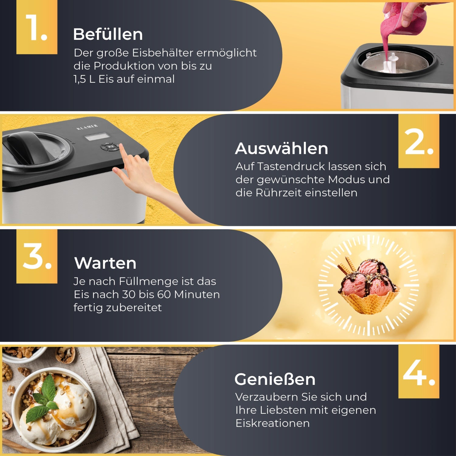 Anweisungen zur Herstellung von Eis, mit Schritten: füllen, auswählen, warten und genießen. Mit Bildern.