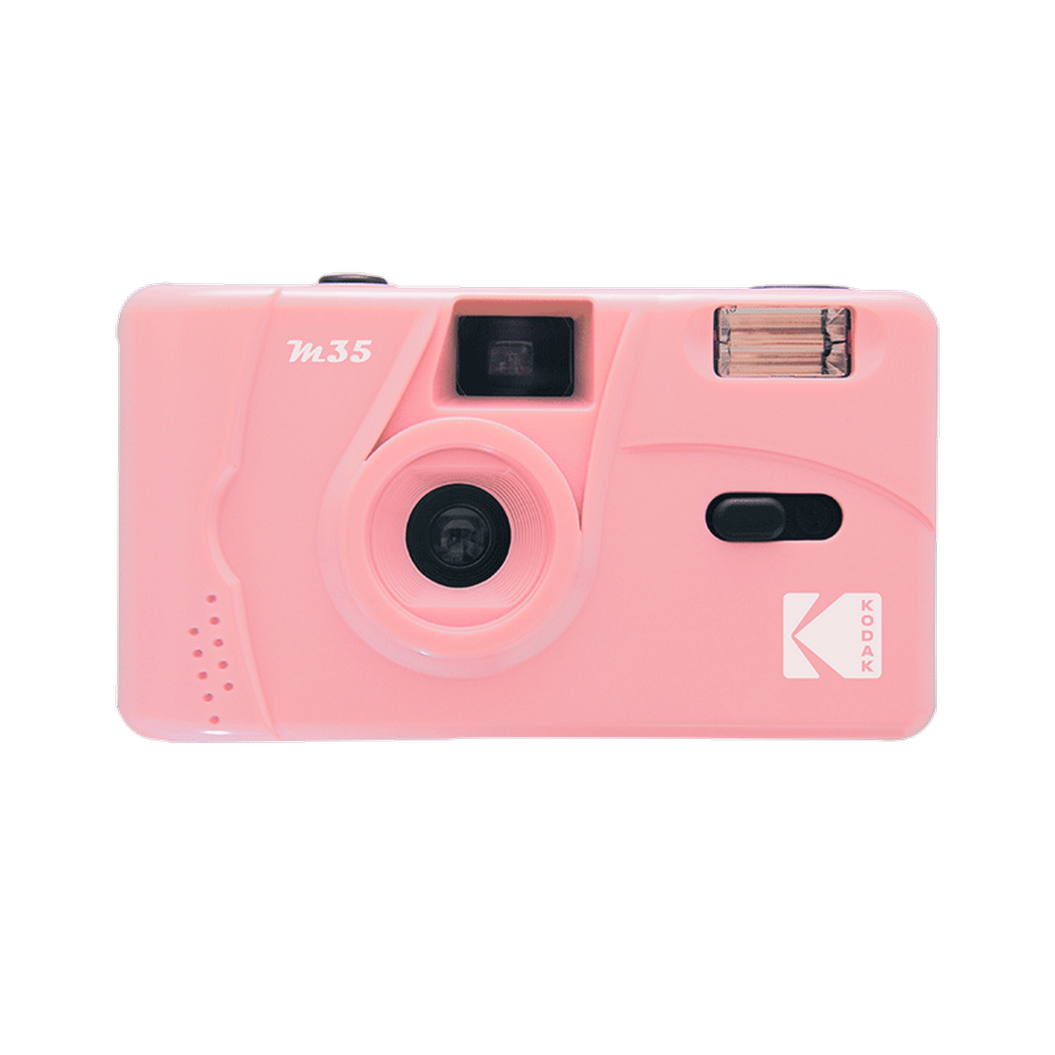 Eine rosa Kodak M35 Kamera. Sie hat ein Objektiv, einen Blitz, einen Sucher und ein Kodak-Logo, auf weißem Grund.
