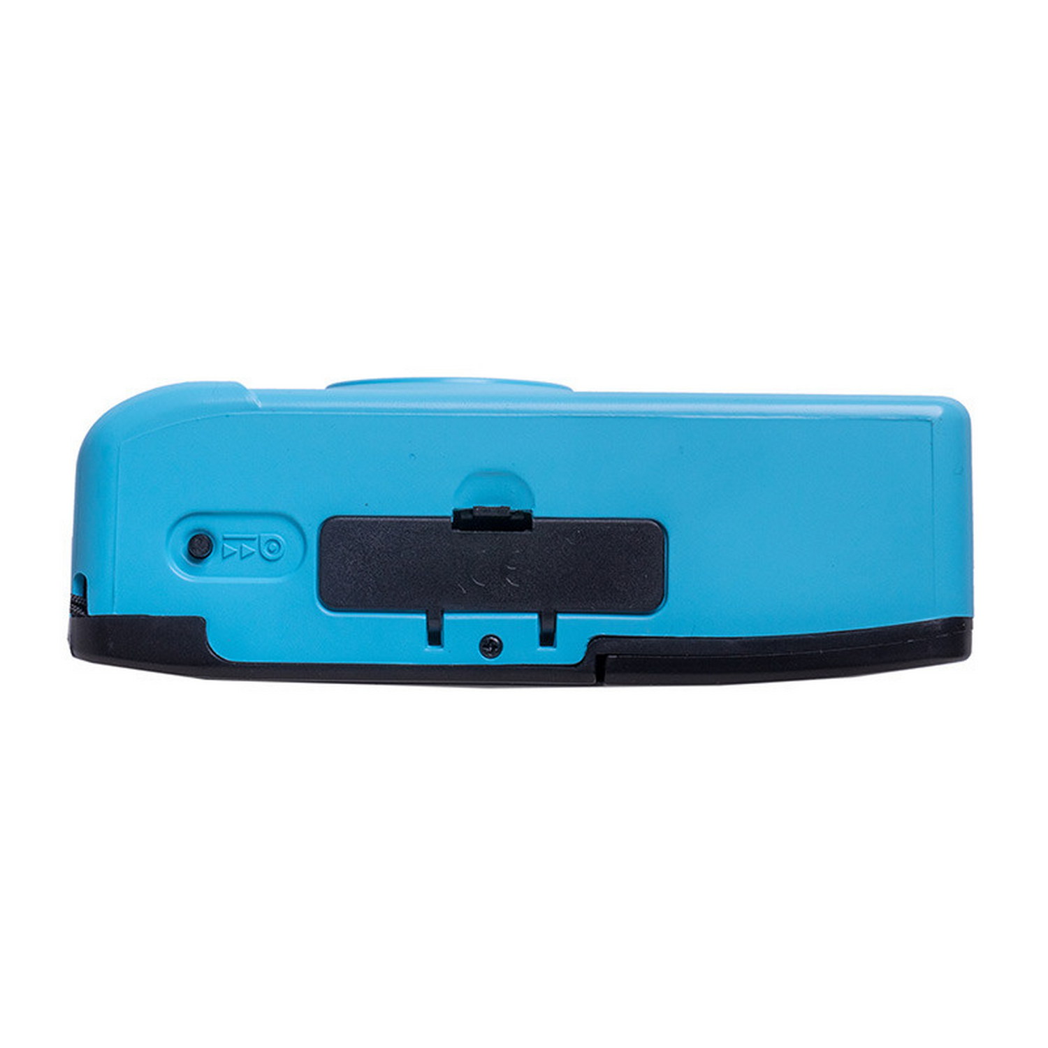 Dispositivo azul rectangular con panel negro, interruptor y puertos en los lados.