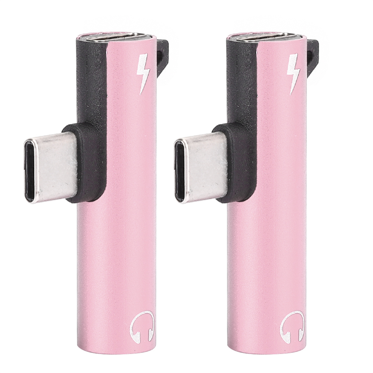 Zwei rosa USB-C-Adapter mit Blitz- und Kopfhörersymbolen.