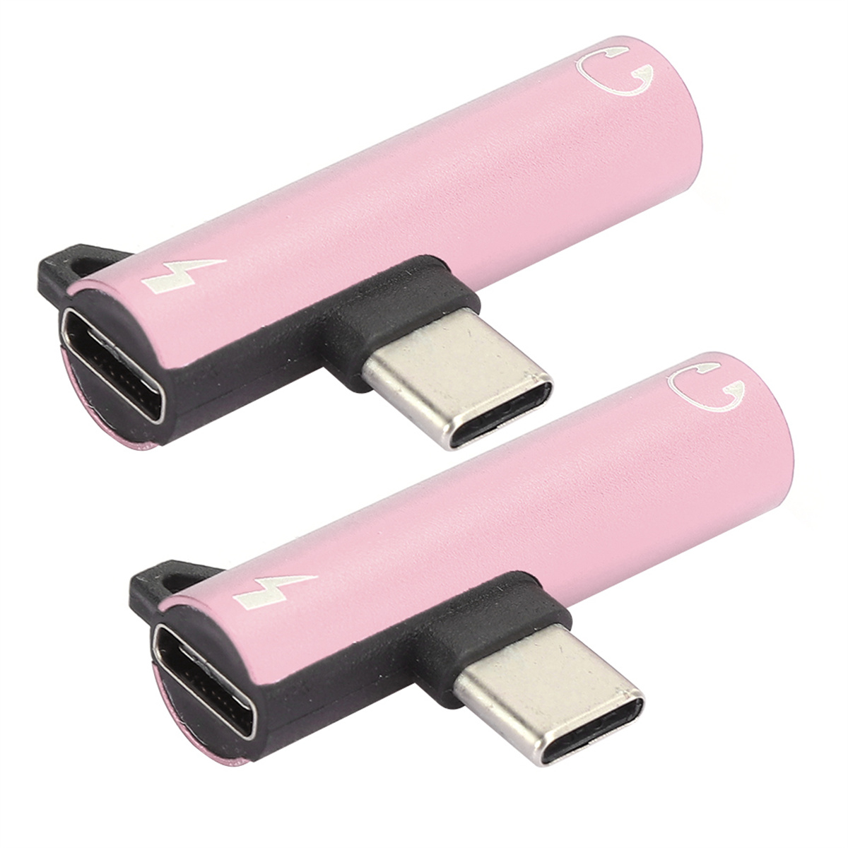 Zwei rosa USB-C-zu-USB-C-Adapter. Schwarze Anschlüsse mit Blitzsymbol.