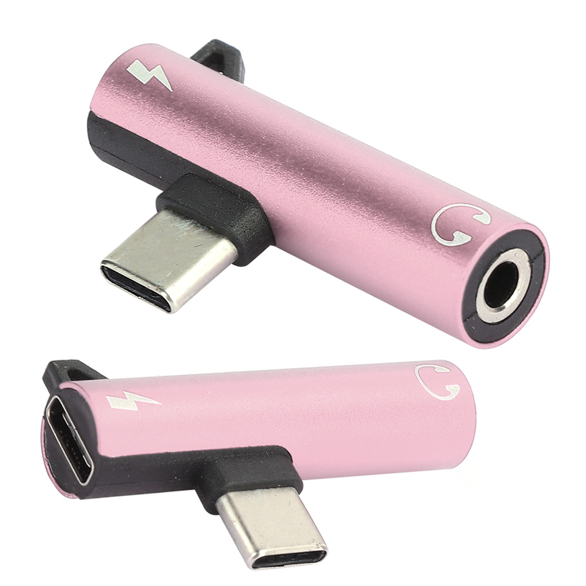 Zwei rosa USB-C-Adapter. Jeder hat einen USB-C-Anschluss und eine Kopfhörerbuchse.