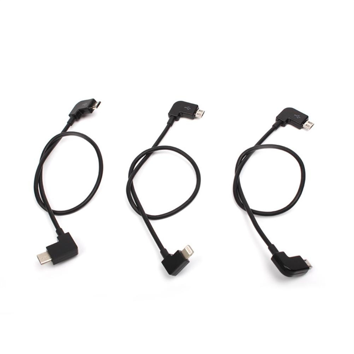 Drei schwarze USB-Kabel mit verschiedenen Steckern, schräge Ansicht, auf einer weißen Oberfläche.