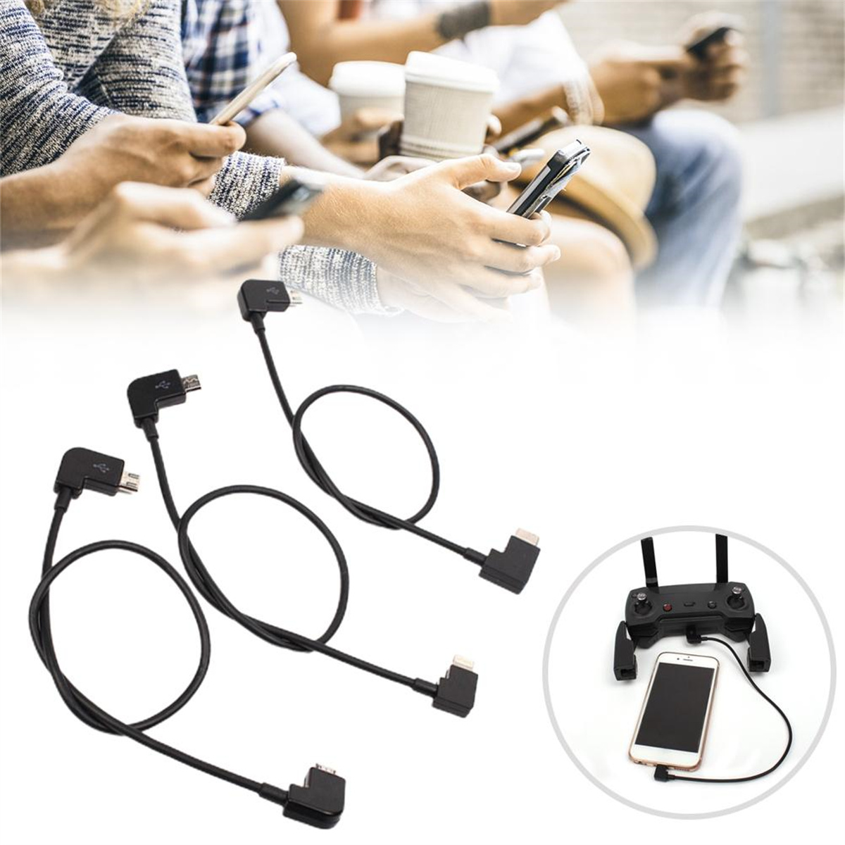 Drei schwarze Kabel mit Steckern. Verschwommener Hintergrund mit Leuten, Telefon mit Controller verbunden.