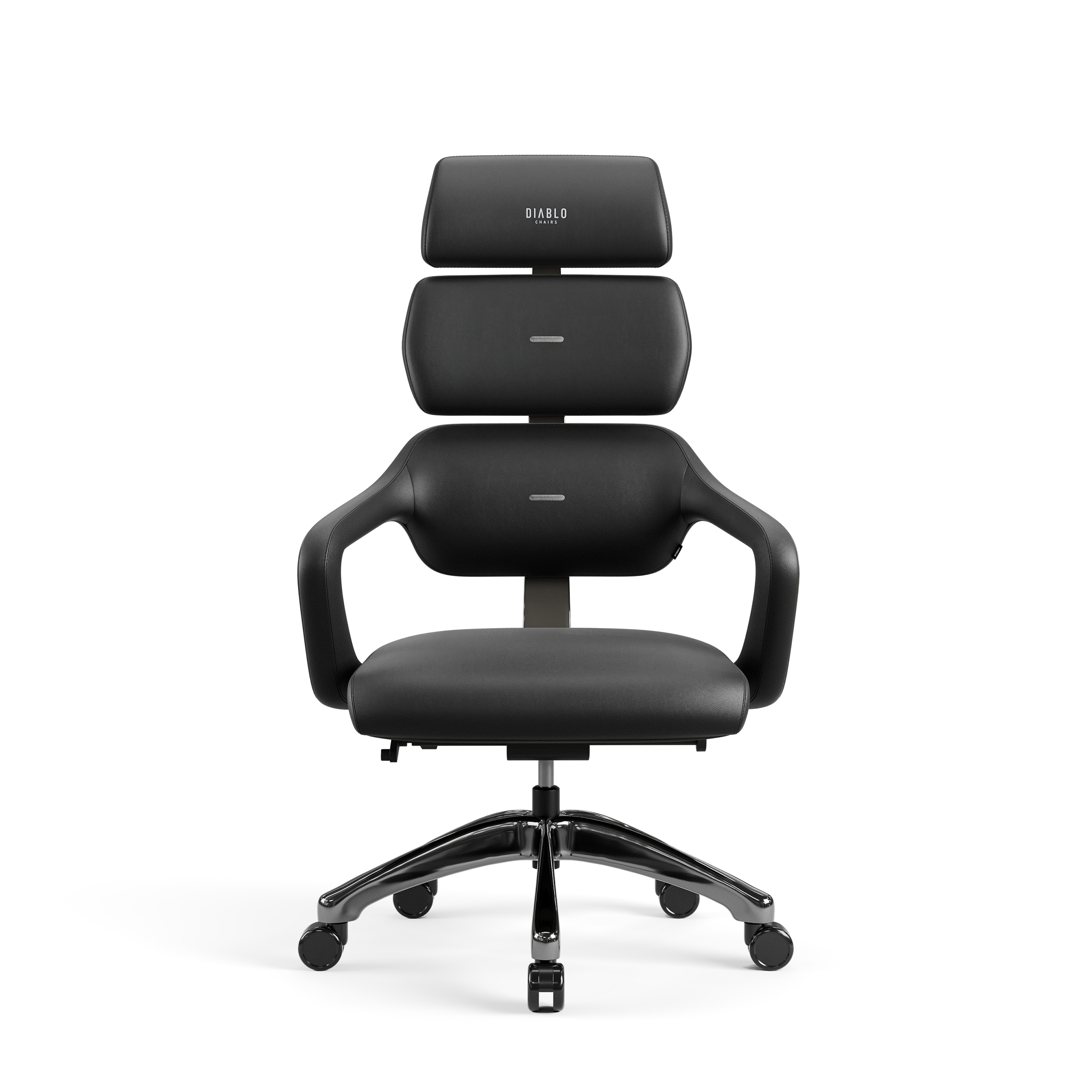 Schwarzer ergonomischer Bürostuhl mit Kopfstütze und Armlehnen, weißer Hintergrund.