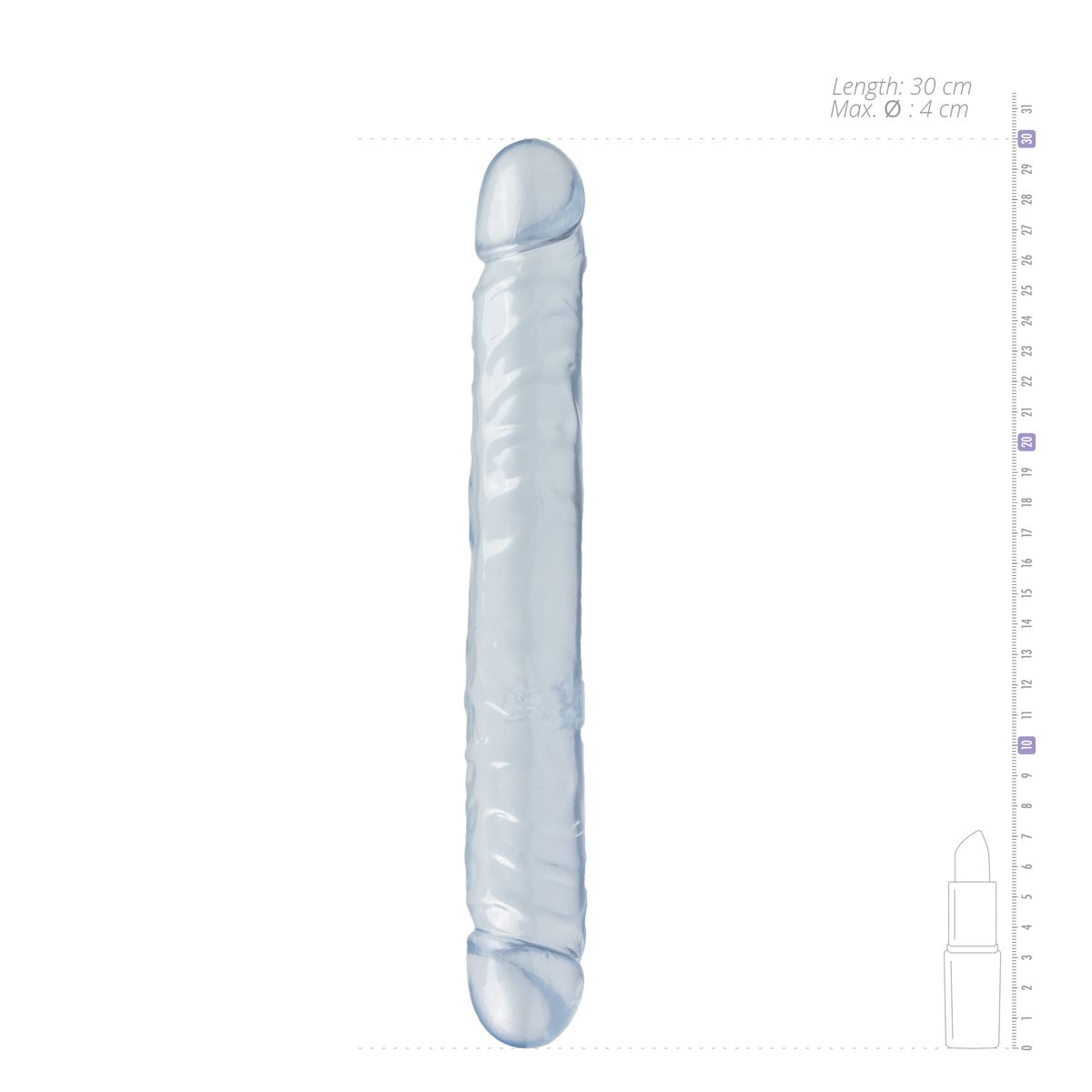 Ein transparenter Dildo mit einem Lineal daneben. Die Länge beträgt 30 cm, der max. Durchmesser 4 cm.