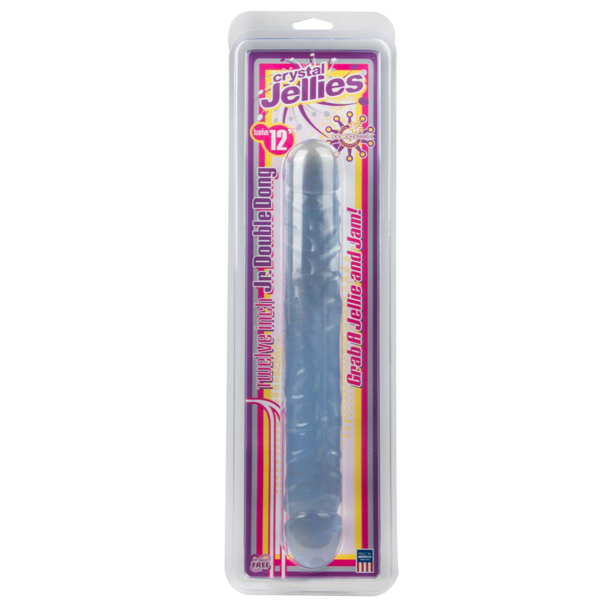 Ein blaues Sexspielzeug in einer transparenten Plastikverpackung mit Text. Der Text lautet 'Twelve inch Jr. Double Dong'.