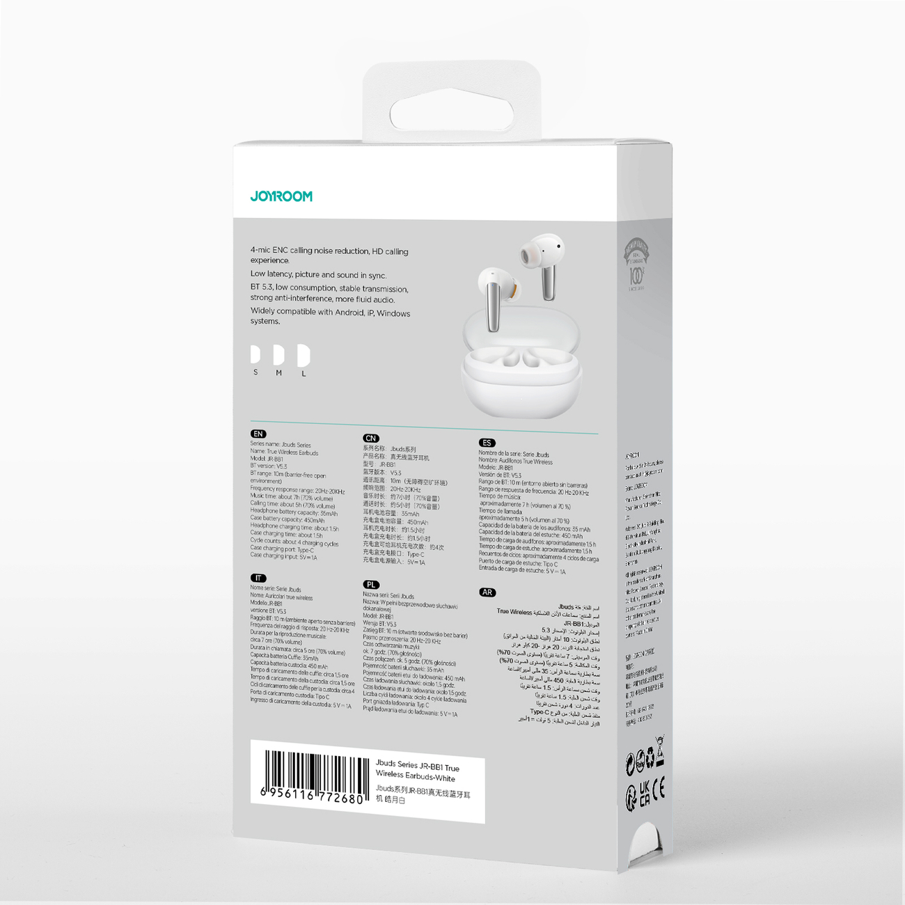 Box mit Text in mehreren Sprachen. Zeigt kabellose Ohrhörer. Die Box ist weiß mit Barcode.