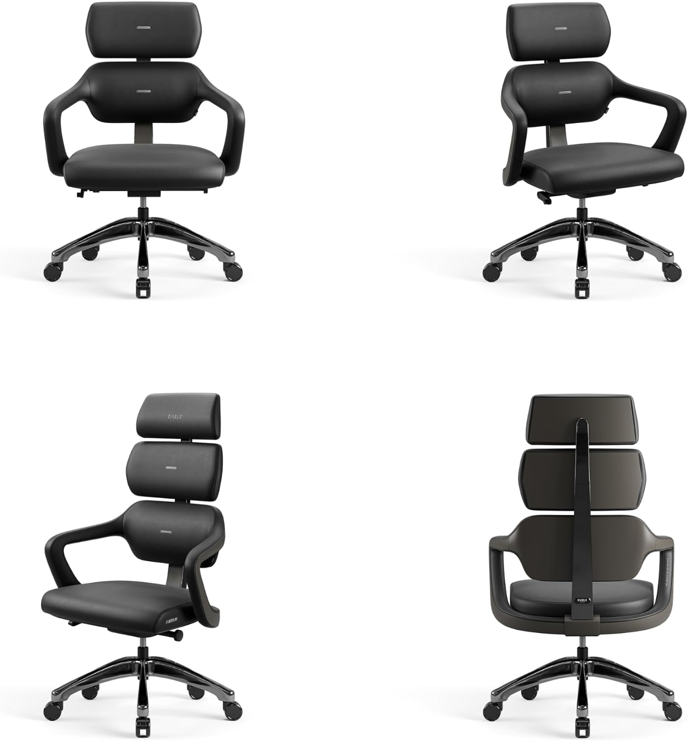 Vier Ansichten eines schwarzen ergonomischen Bürostuhls mit Kopfstütze, Armlehnen und Chromfuß.