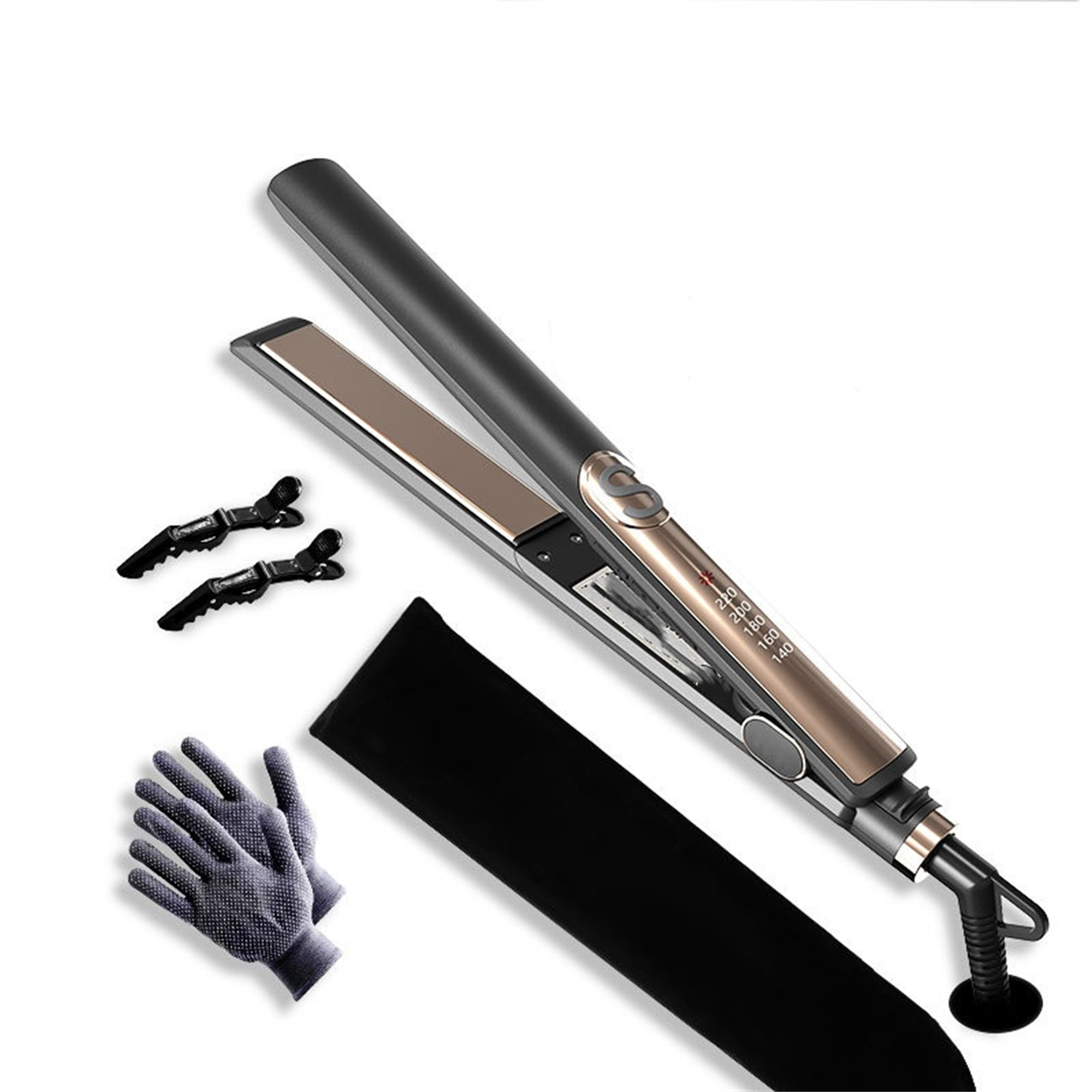Haarglätter mit schwarzem Griff, goldenen Platten und schwarzem Zubehör. Handschuhe und Clips sind sichtbar.