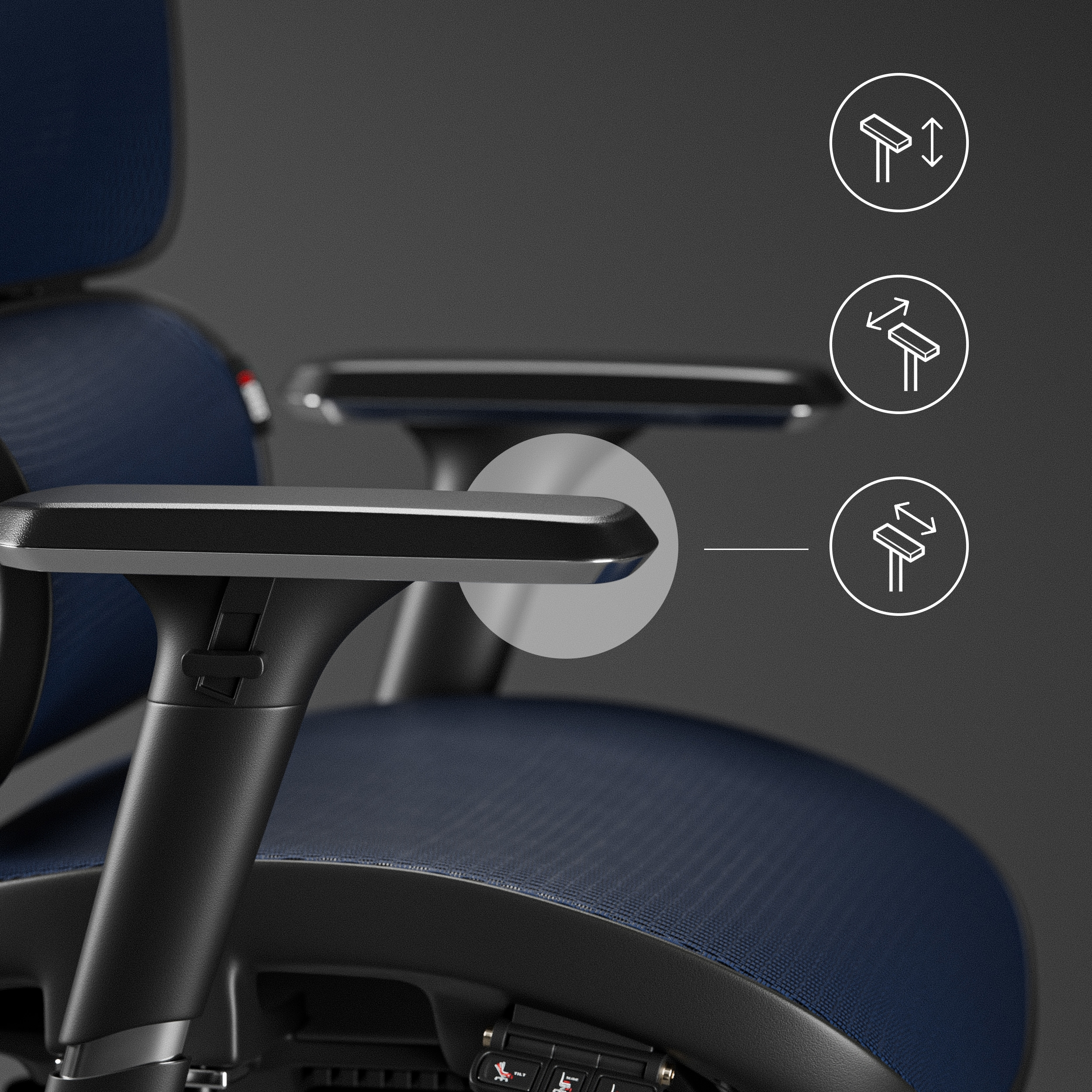 Zbliżenie ciemnoniebieskiego krzesła biurowego z podłokietnikami i ikonami regulacji.