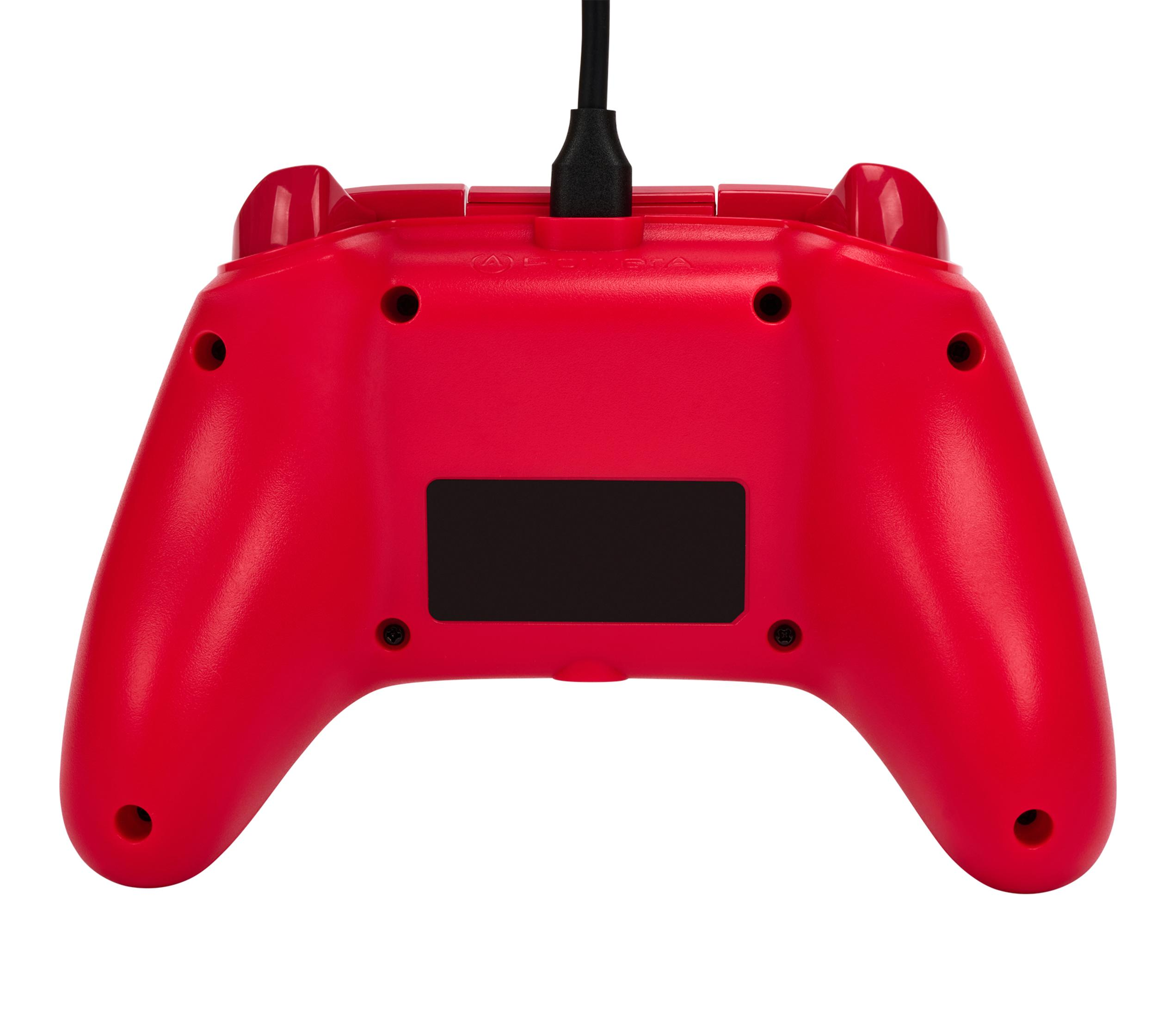 Die rote Rückseite eines Gaming-Controllers mit Knöpfen und einem schwarzen Panel, vor weißem Hintergrund.