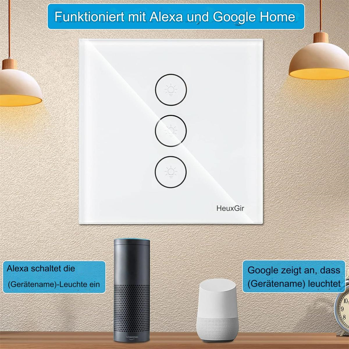 Weißer intelligenter Lichtschalter mit drei Lichtsymbolen. Kompatibel mit Alexa und Google Home.