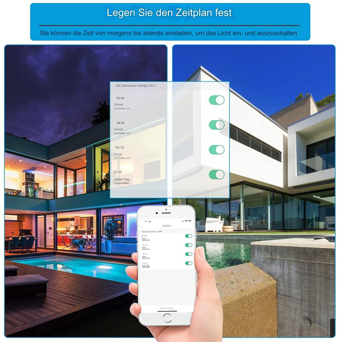 Smart Home-Steuerungsoberfläche auf einem Telefon, mit Haus und Pool im Hintergrund.