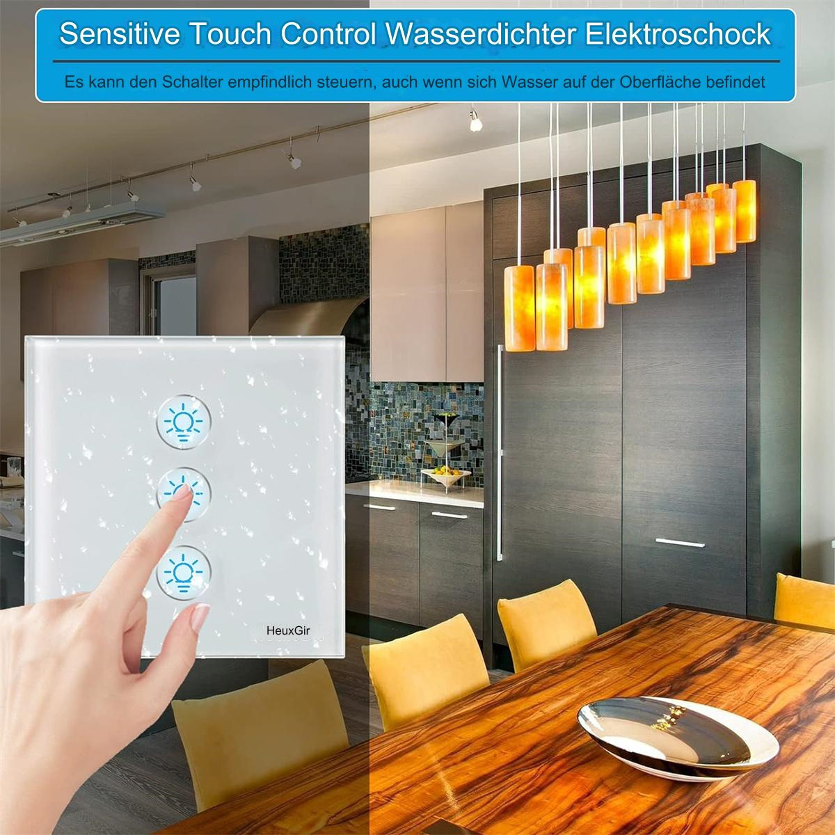Eine Hand berührt ein weißes Touchpanel mit drei Lichtsymbolen, in einer Küche.