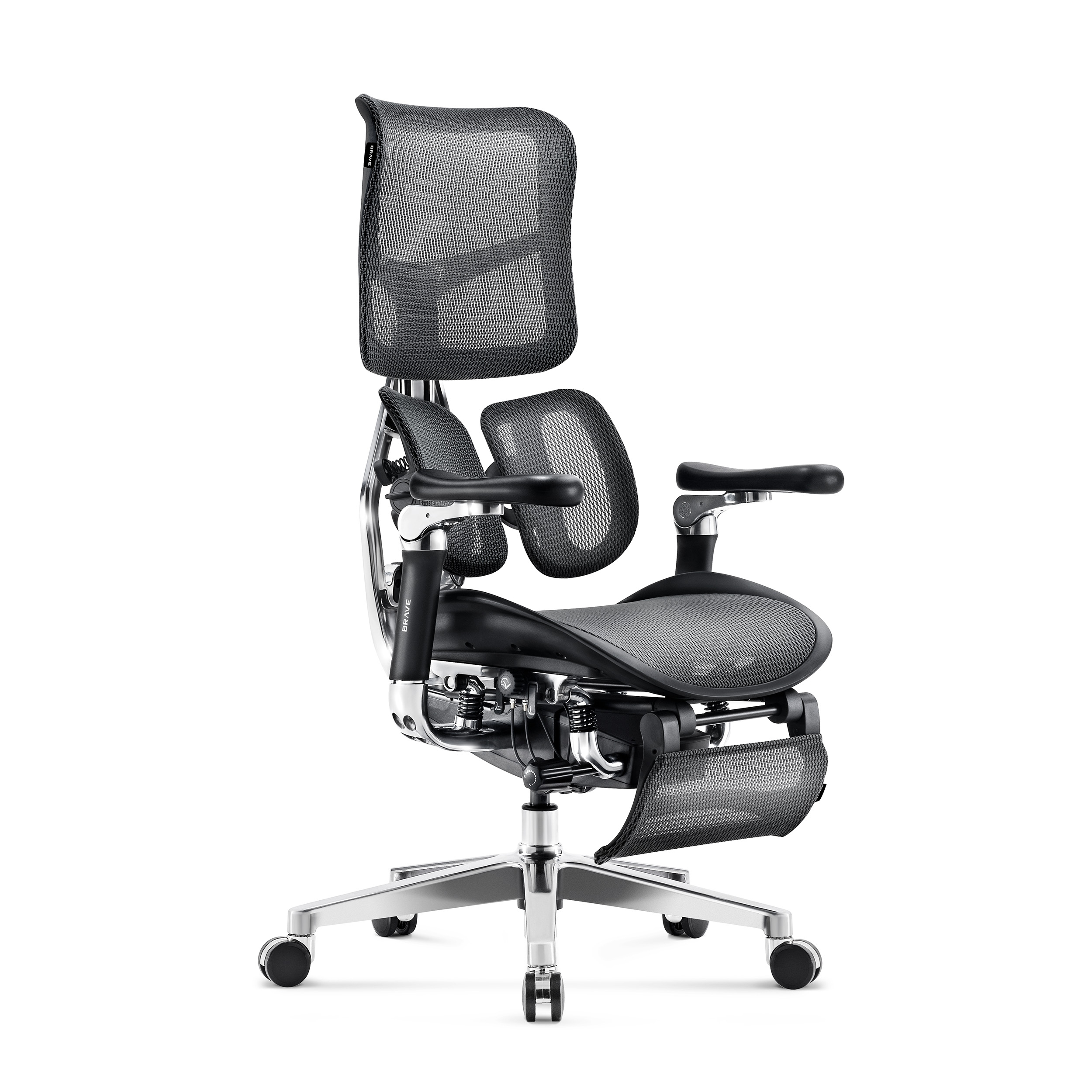 Ergonomischer Bürostuhl mit Netzrücken und -sitz, verschiedene verstellbare Komponenten.