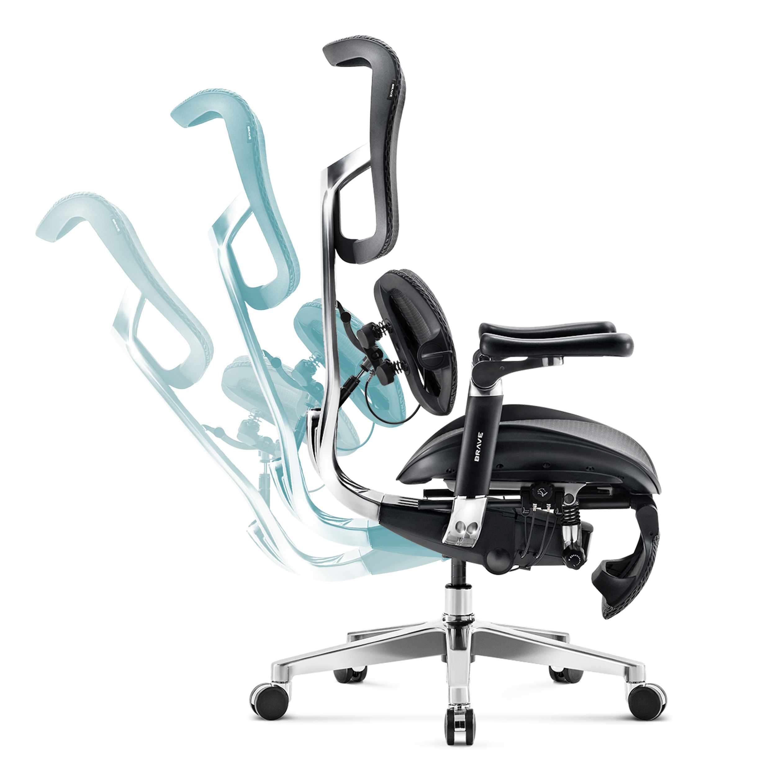 Ergonomischer Bürostuhl, Bewegungsdarstellung.