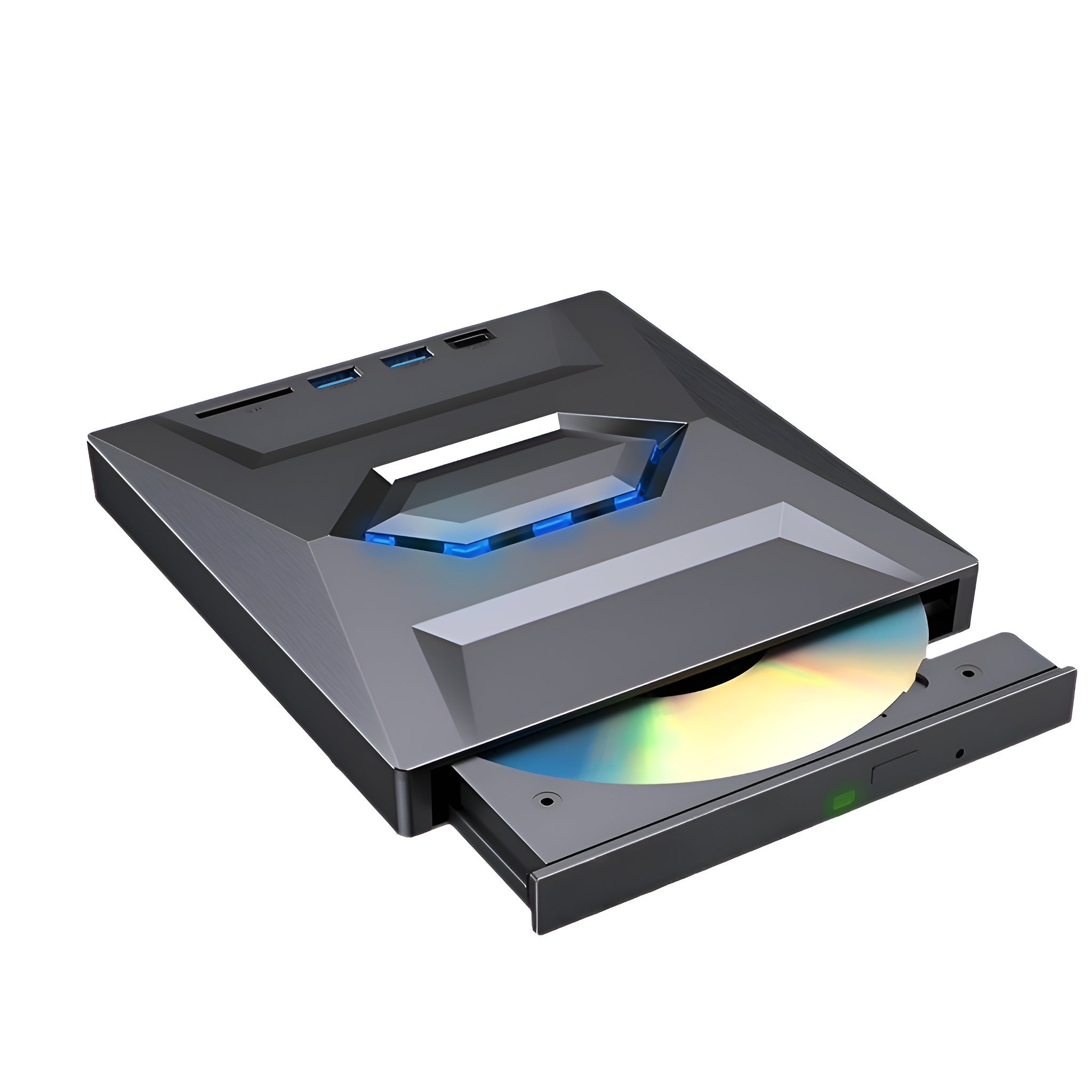 Grauer DVD-Player mit einer Disc im Inneren. Mit offenem Fach und blauen LEDs.