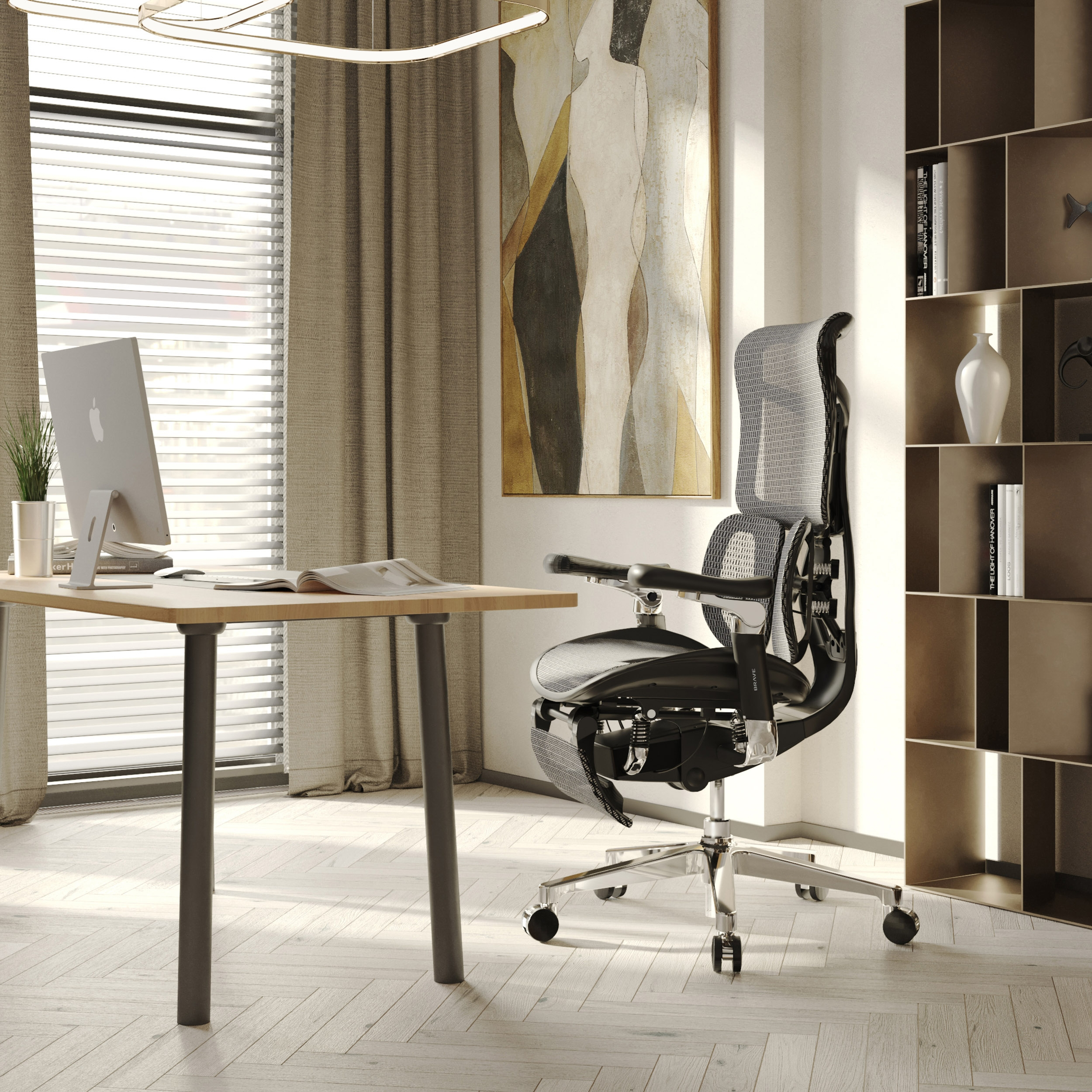 Modernes Büro mit Schreibtisch, Stuhl und Kunstwerk. Computer und Bücher sichtbar. Neutrale Farben dominieren.