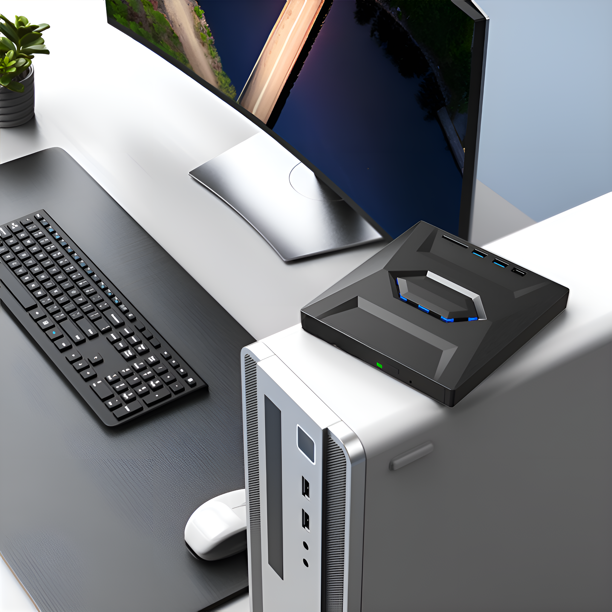 Schreibtischaufbau mit Computer, Monitor, Tastatur und einem schwarzen Hub-Gerät auf weißer Oberfläche.