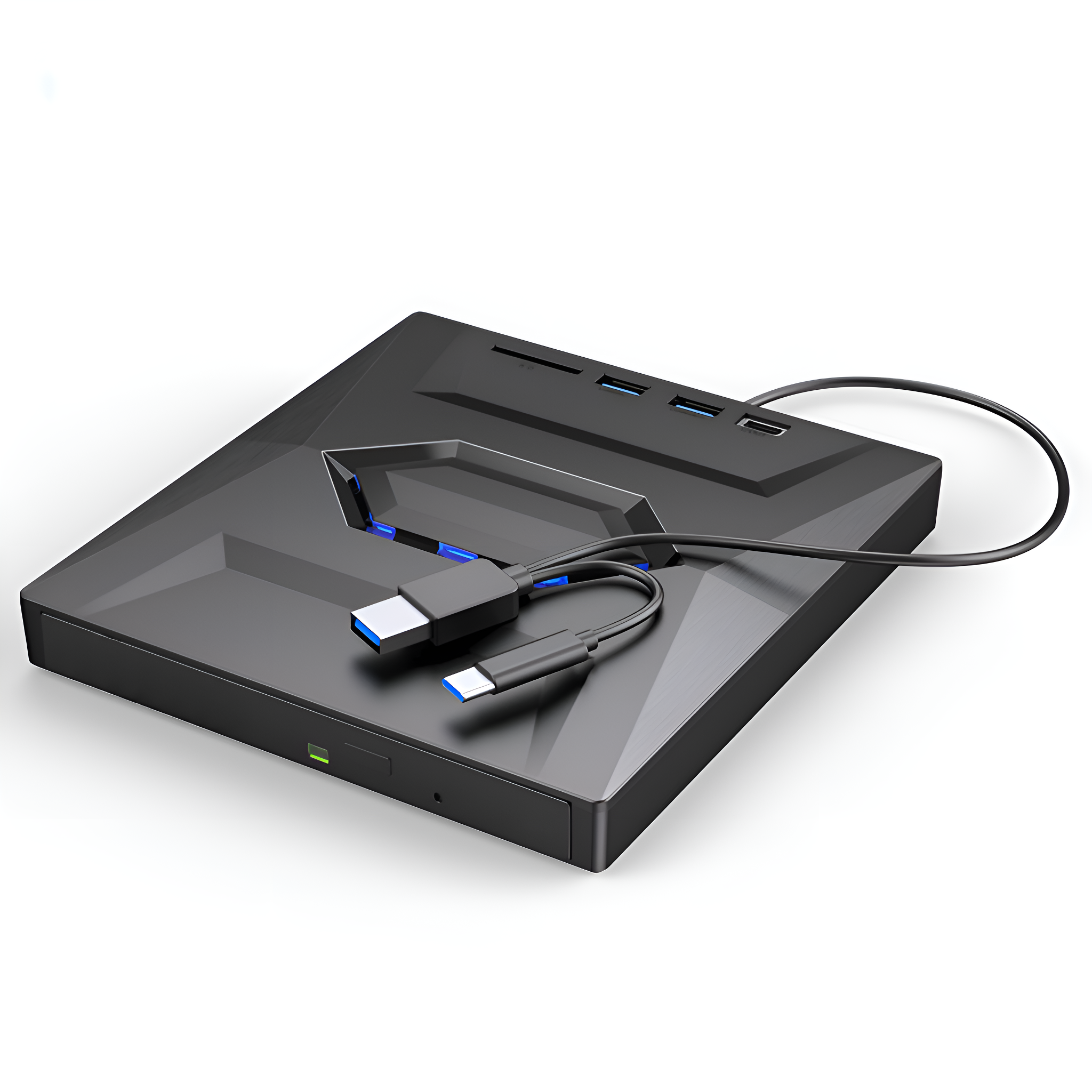 Schwarzes Gerät mit mehreren USB-Anschlüssen und einem USB-C-Kabel. Es liegt auf weißem Untergrund.