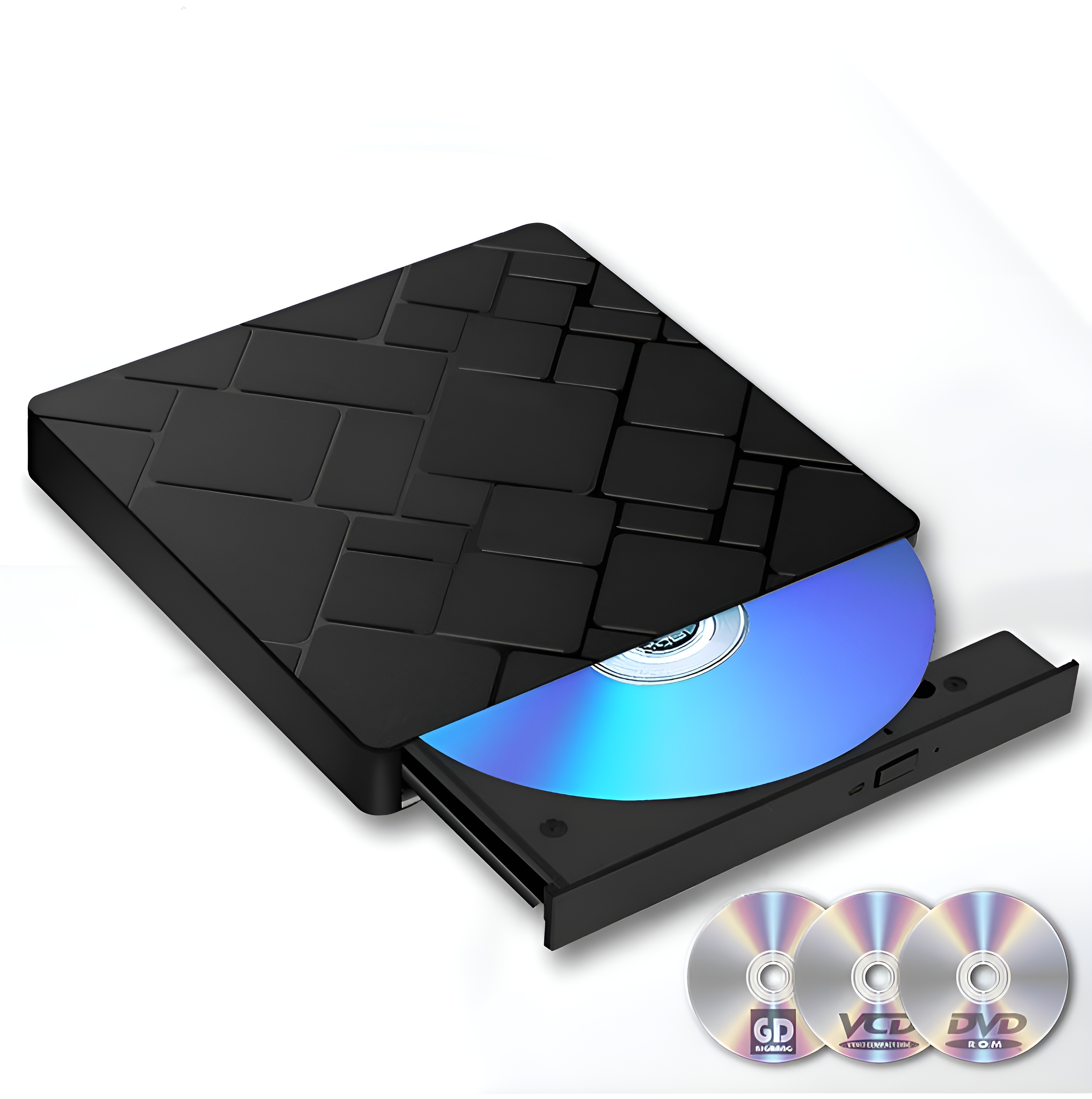Schwarzes DVD-Laufwerk mit teilweise eingelegter blauer Disc, mit drei Discs im Hintergrund.