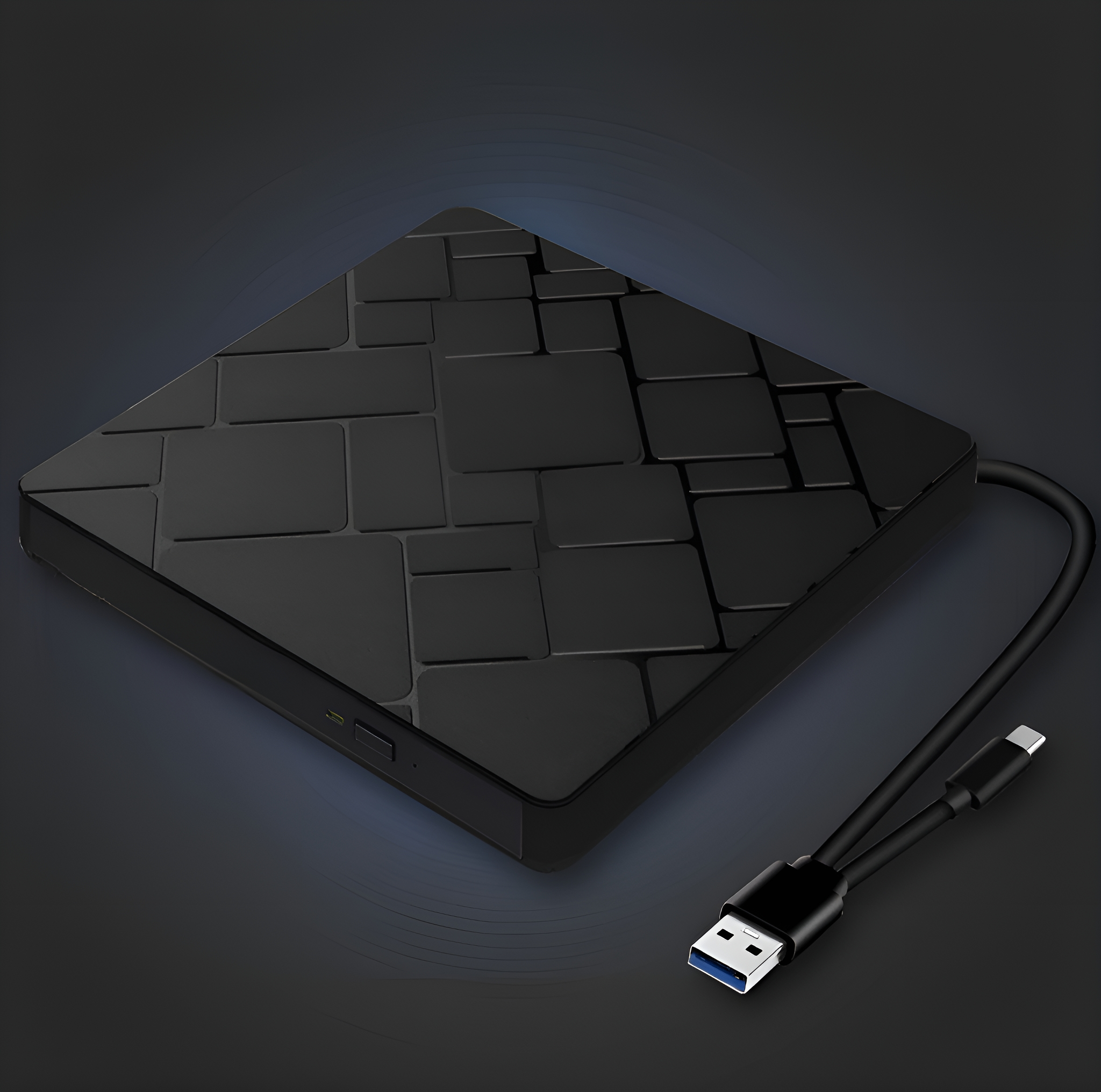 Ein schwarzes, quadratisches Gerät mit einem USB-Kabel.