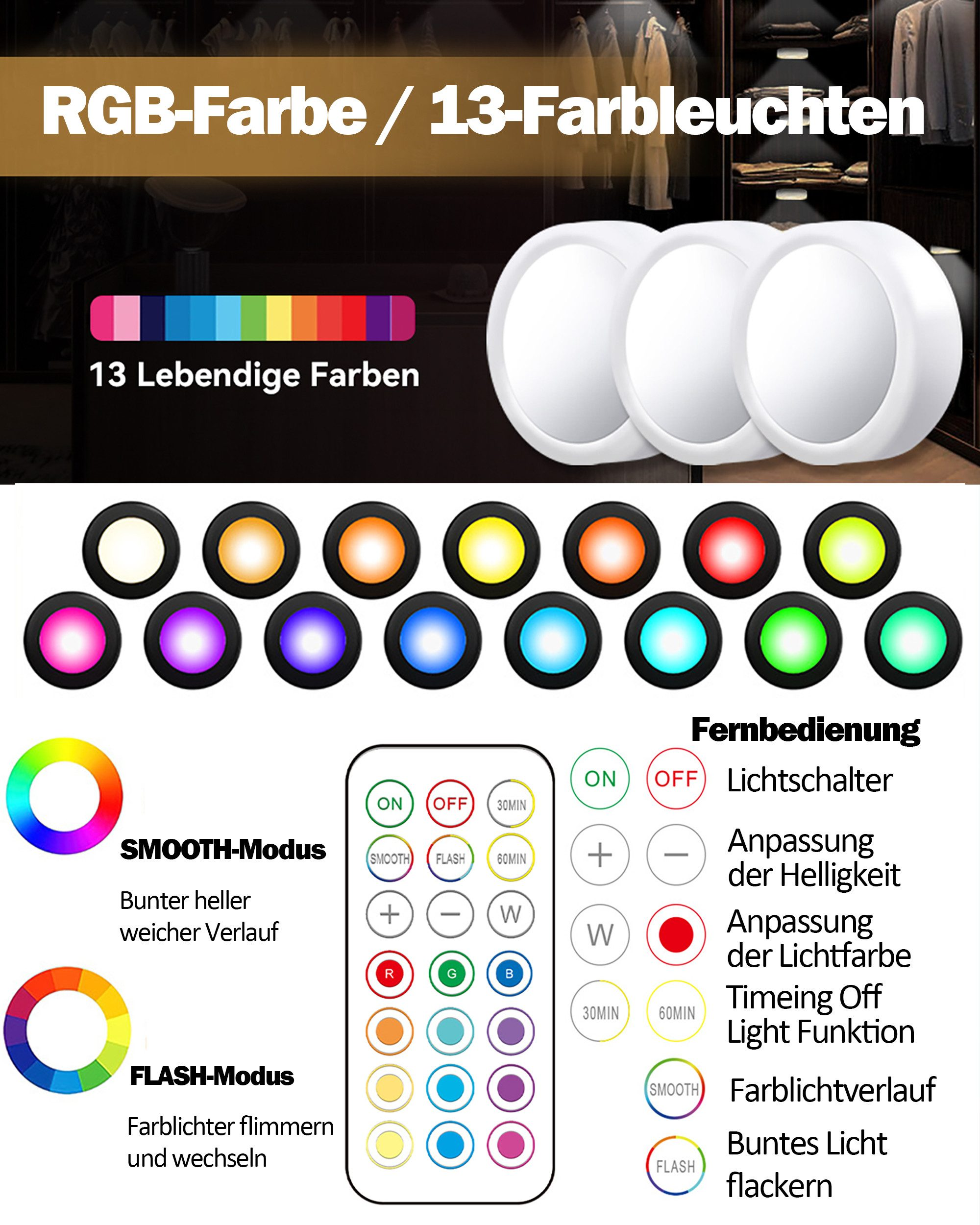 Bild zeigt intelligente Lichter mit Farboptionen und einer Fernbedienung für verschiedene Lichteinstellungen.