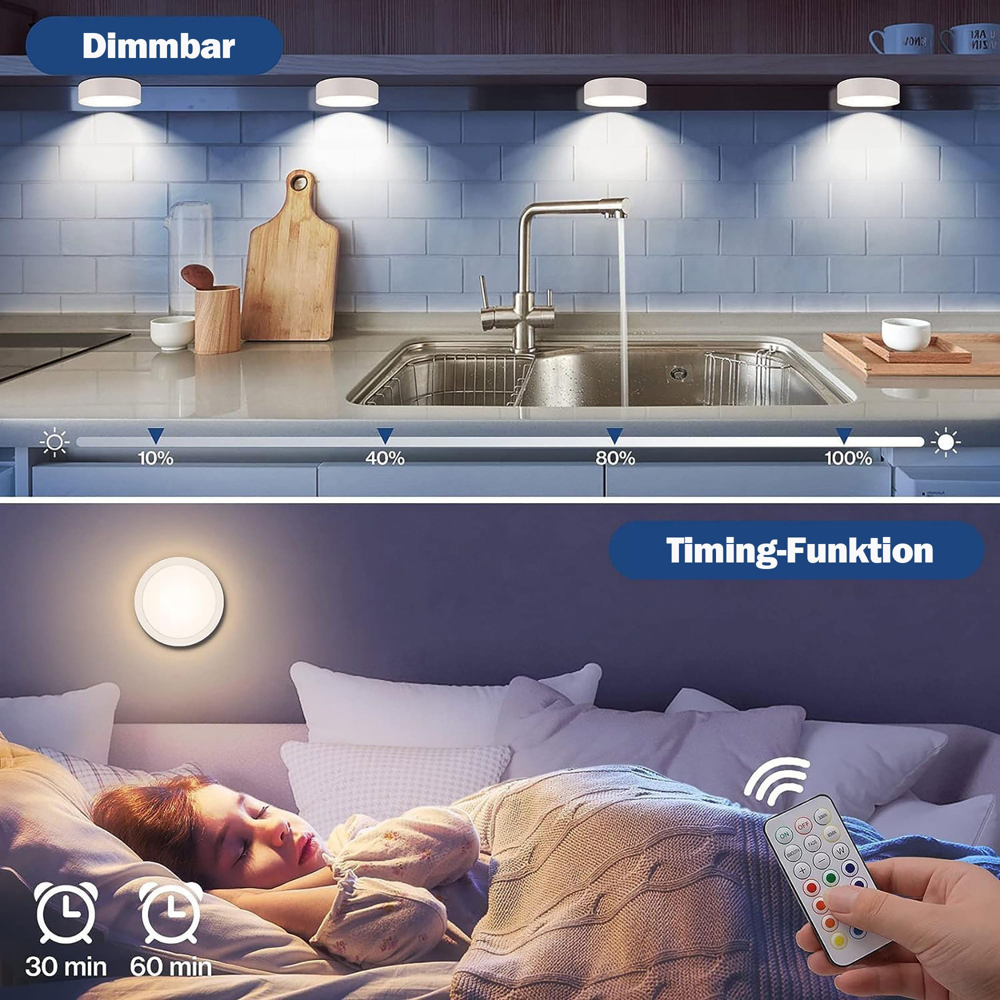 Küchenszene mit Lichtern, Spüle und einem Mädchen, das liegt. Fernbedienung gezeigt. Lichter sind dimmbar.