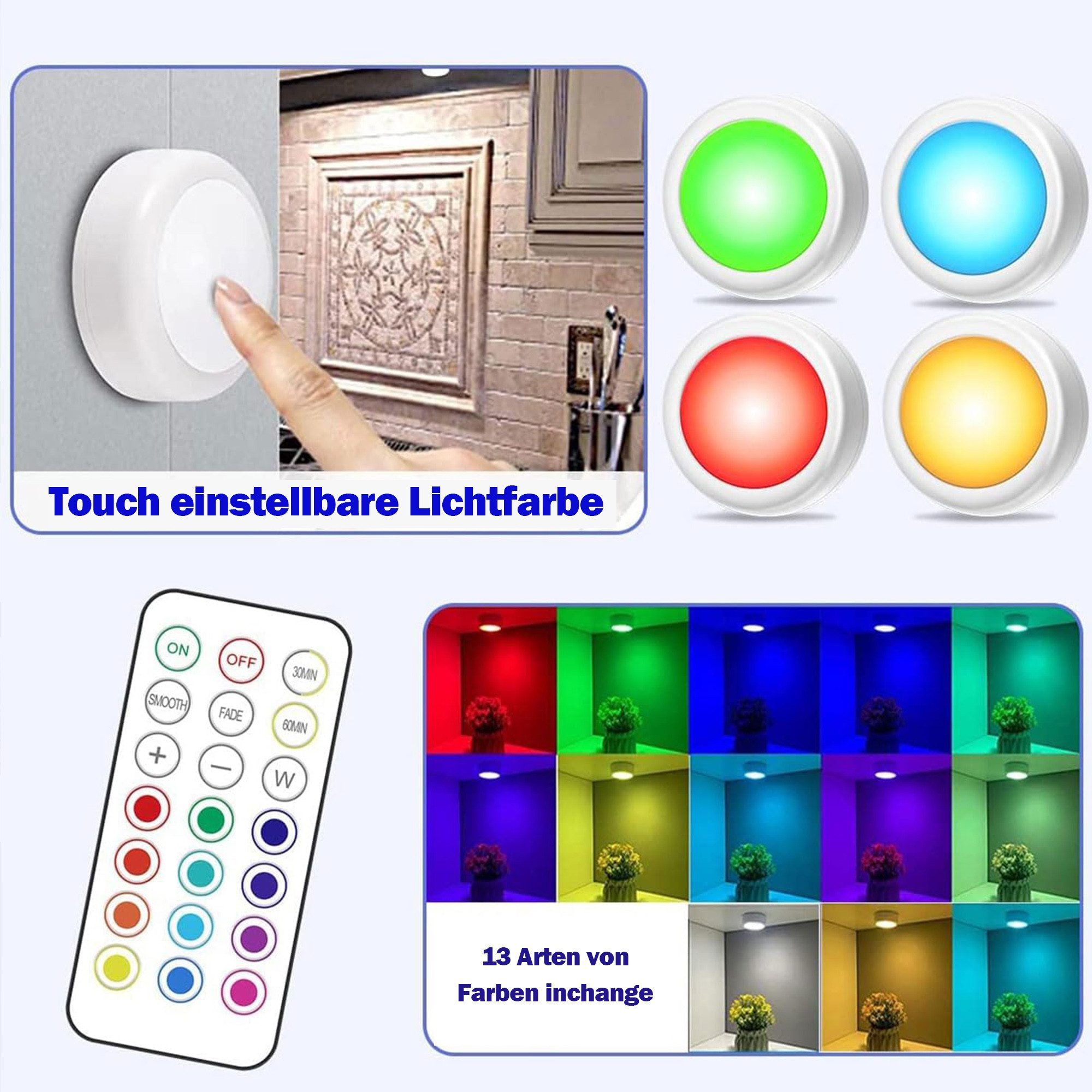 Wandleuchten mit berührungsgesteuerten Farben und Fernbedienung auf weißer Oberfläche.