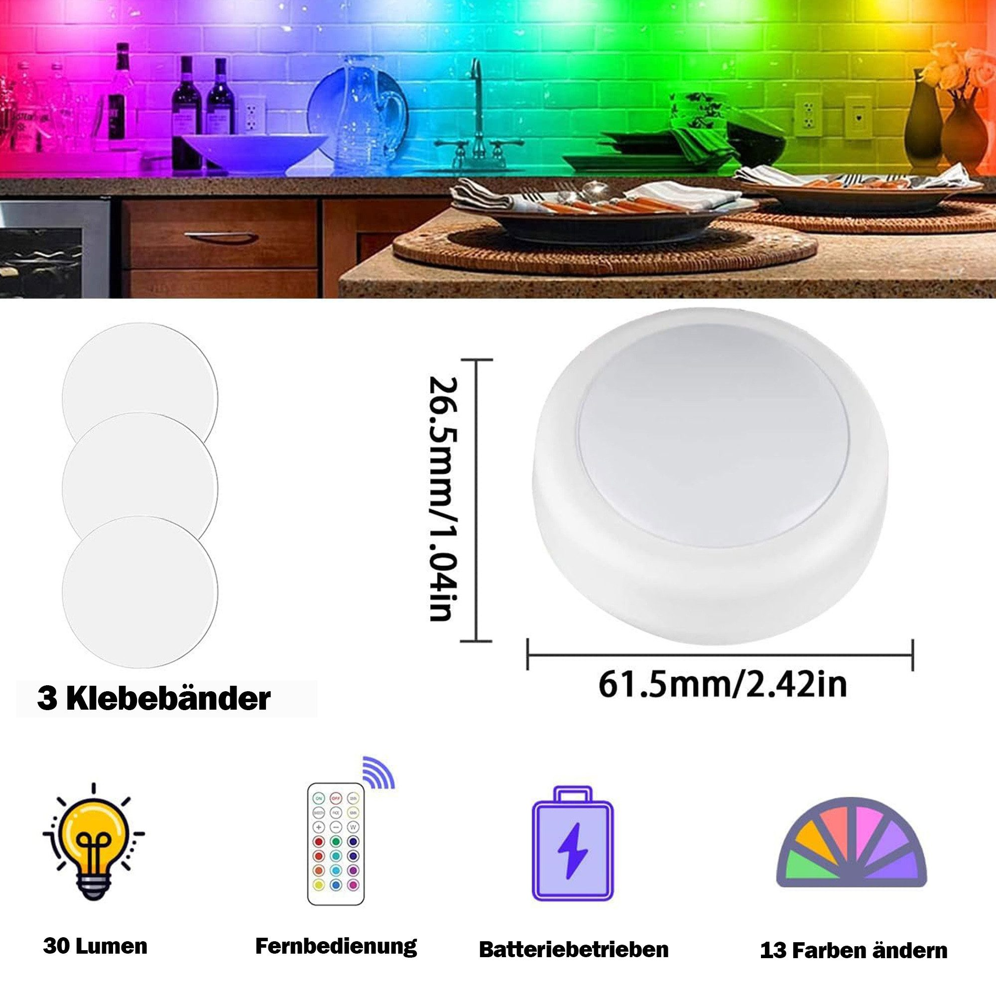 Weißes Licht mit drei Klebepads, mit Messungen und Symbolen sowie einer Fernbedienung.