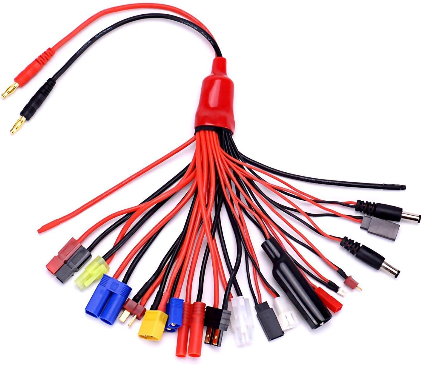 Eine Sammlung roter und schwarzer Drähte mit verschiedenen Steckern. Ein Ladekabel.