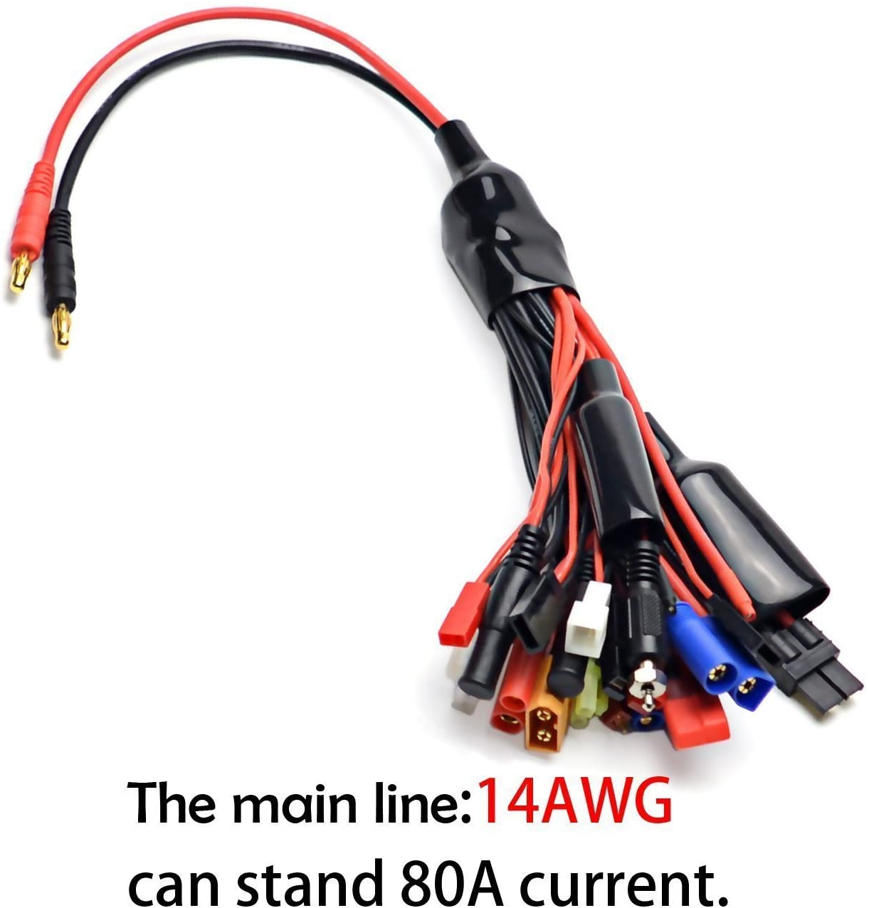 Nahaufnahme von Elektrokabeln mit verschiedenen Steckern und dem Text '14AWG can stand 80A current'.