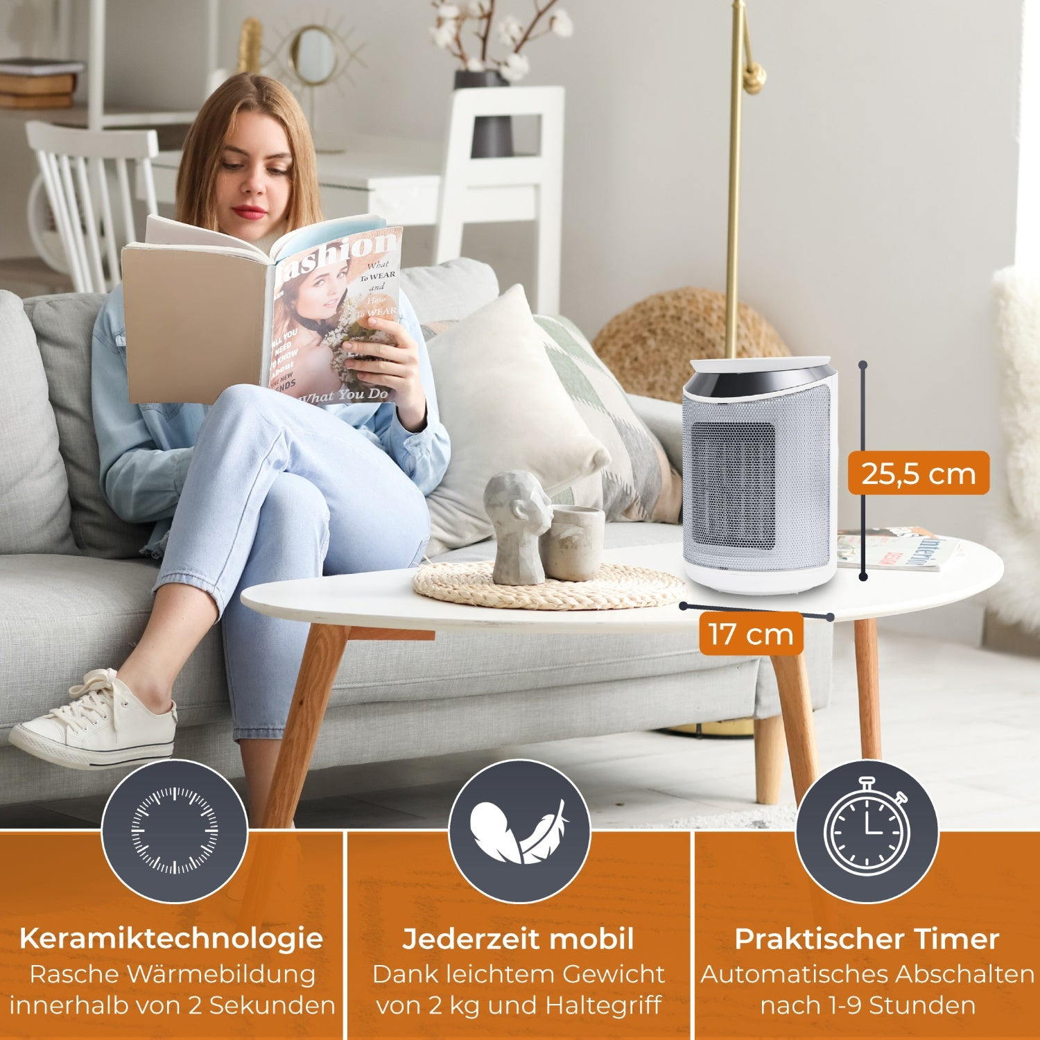 Frau liest auf einem Sofa, ein weißer Heizlüfter auf dem Tisch. Text zeigt Maße und Tech.