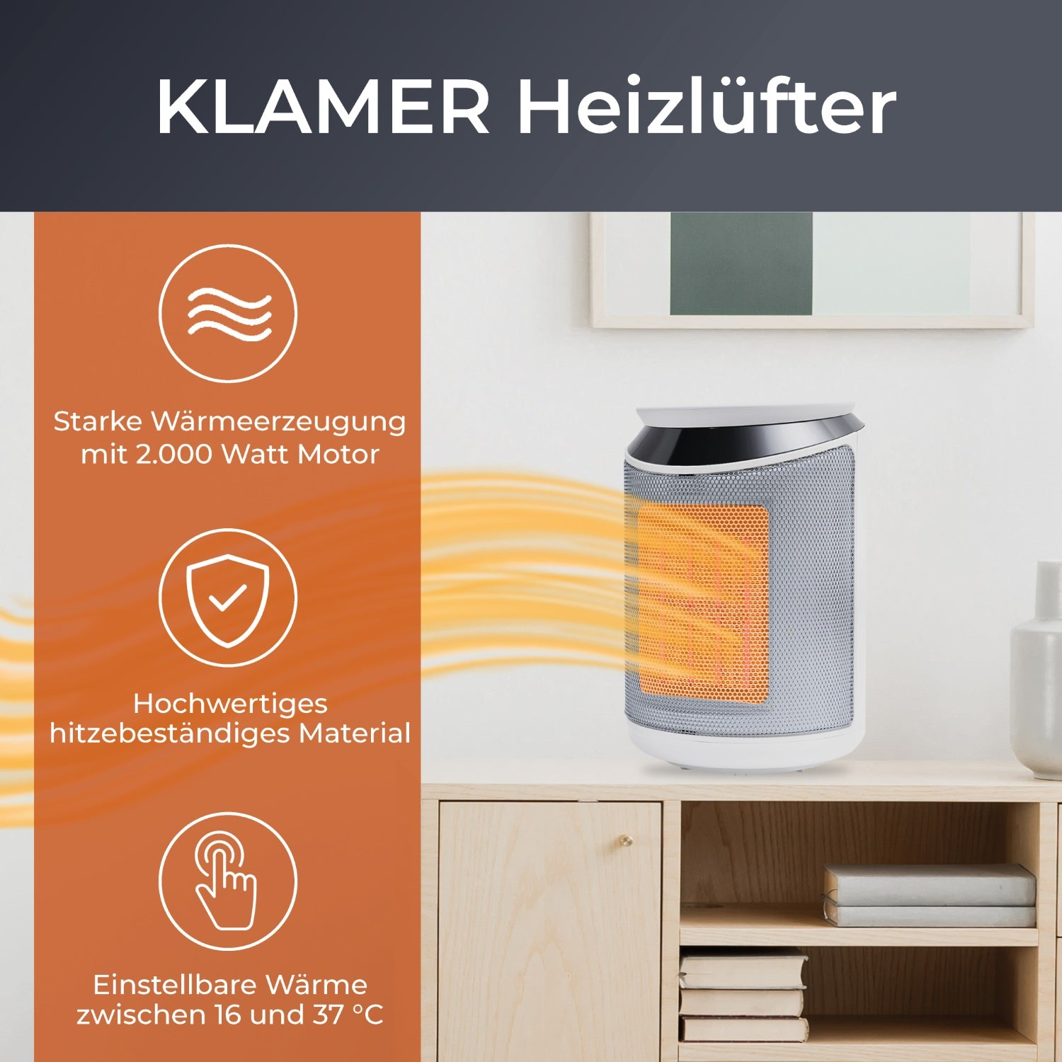 Ein Heizgerät mit orangefarbenem Glühen, zusammen mit Text auf Deutsch, der die Produktmerkmale zeigt.