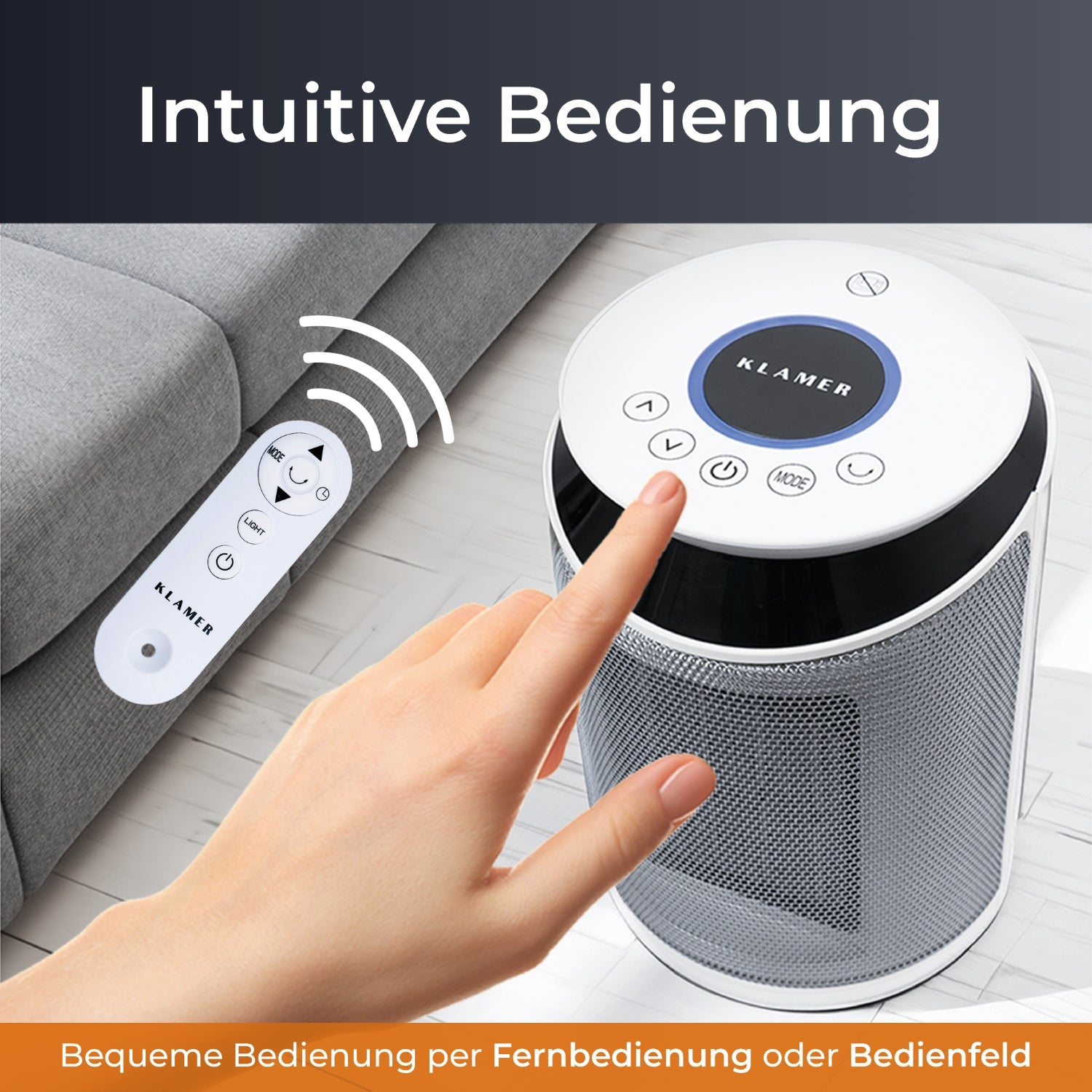 Eine Person berührt das Bedienfeld eines weiß-grauen Heizgeräts. Fernbedienung links.