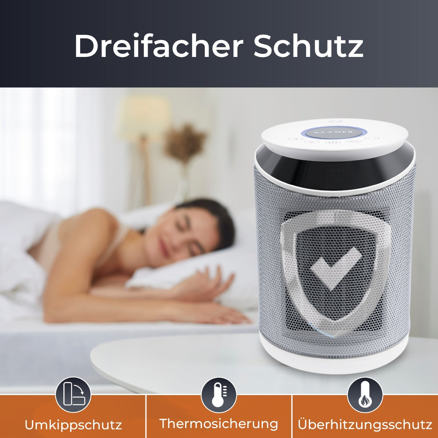 Ein weiß-silberner Heizlüfter mit schlafender Person im Hintergrund, mit drei Symbolen darunter.
