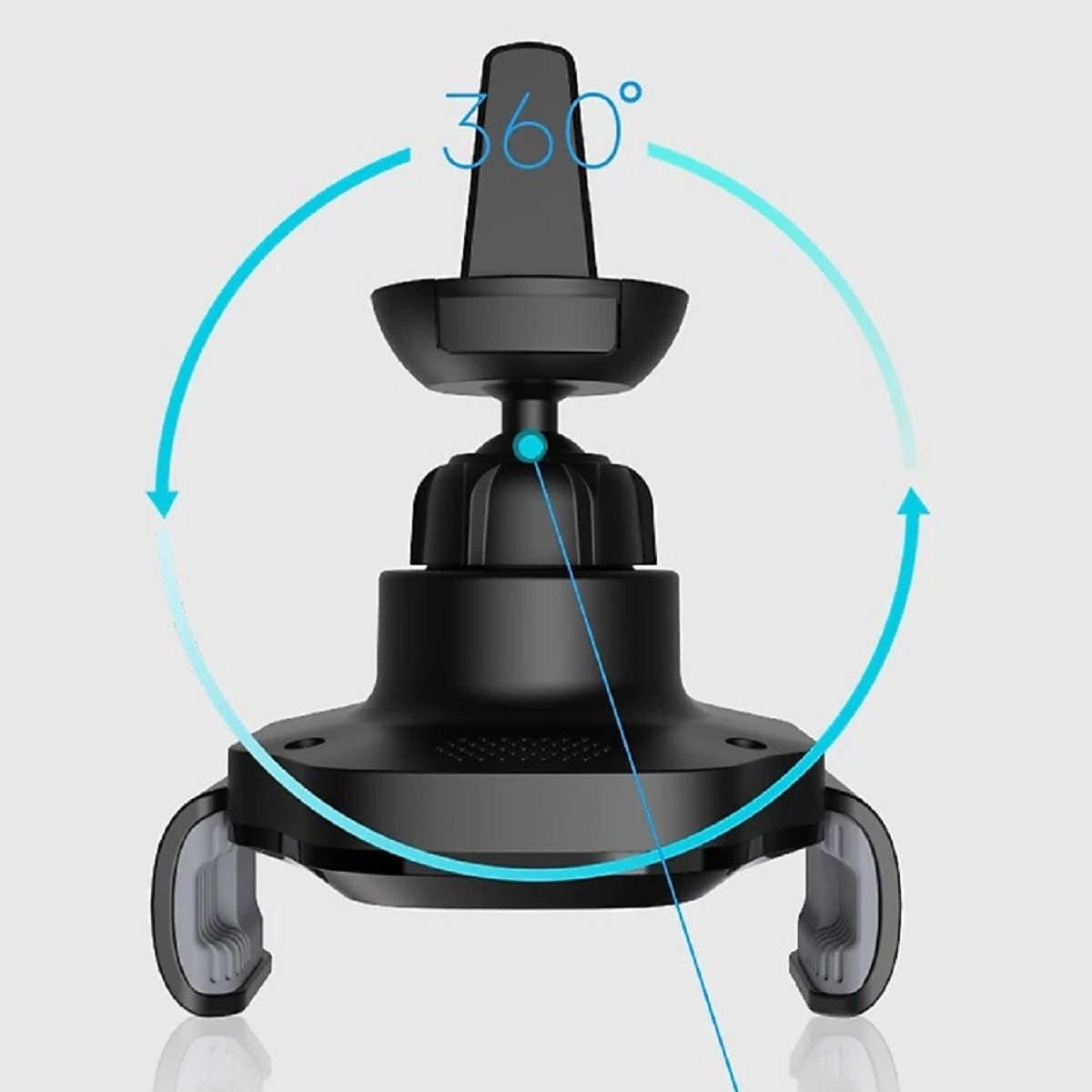Ein schwarzer Telefonhalter für ein Auto. Eine blaue kreisförmige Linie umgibt den oberen Teil.