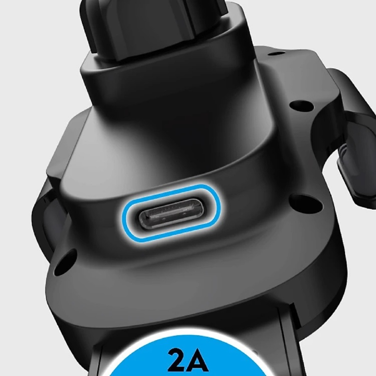 Eine schwarze Autohalterung mit einem blau markierten USB-Anschluss. Die Halterung ist schwarz.