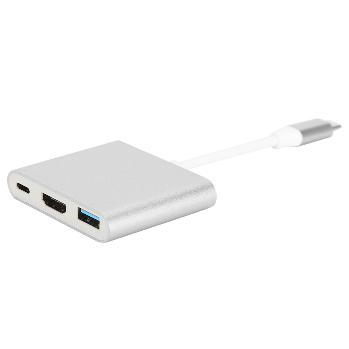Silberner USB-C-Hub mit HDMI- und USB-Anschlüssen. Weißes Kabel angeschlossen.