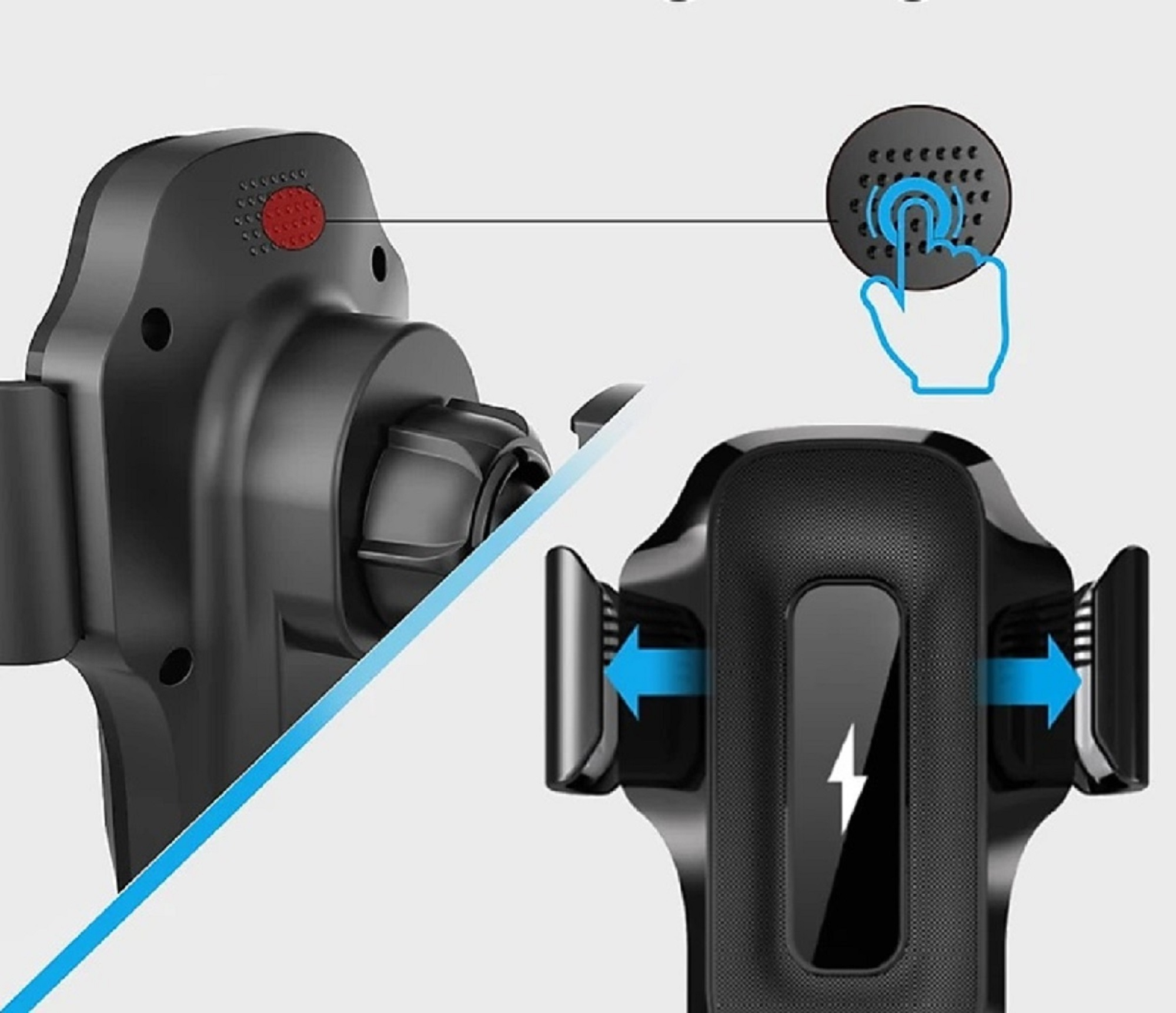 Diagramm eines Autotelefonhalters. Zeigt, wie man den Halter zur Verwendung erweitert und zusammenzieht.