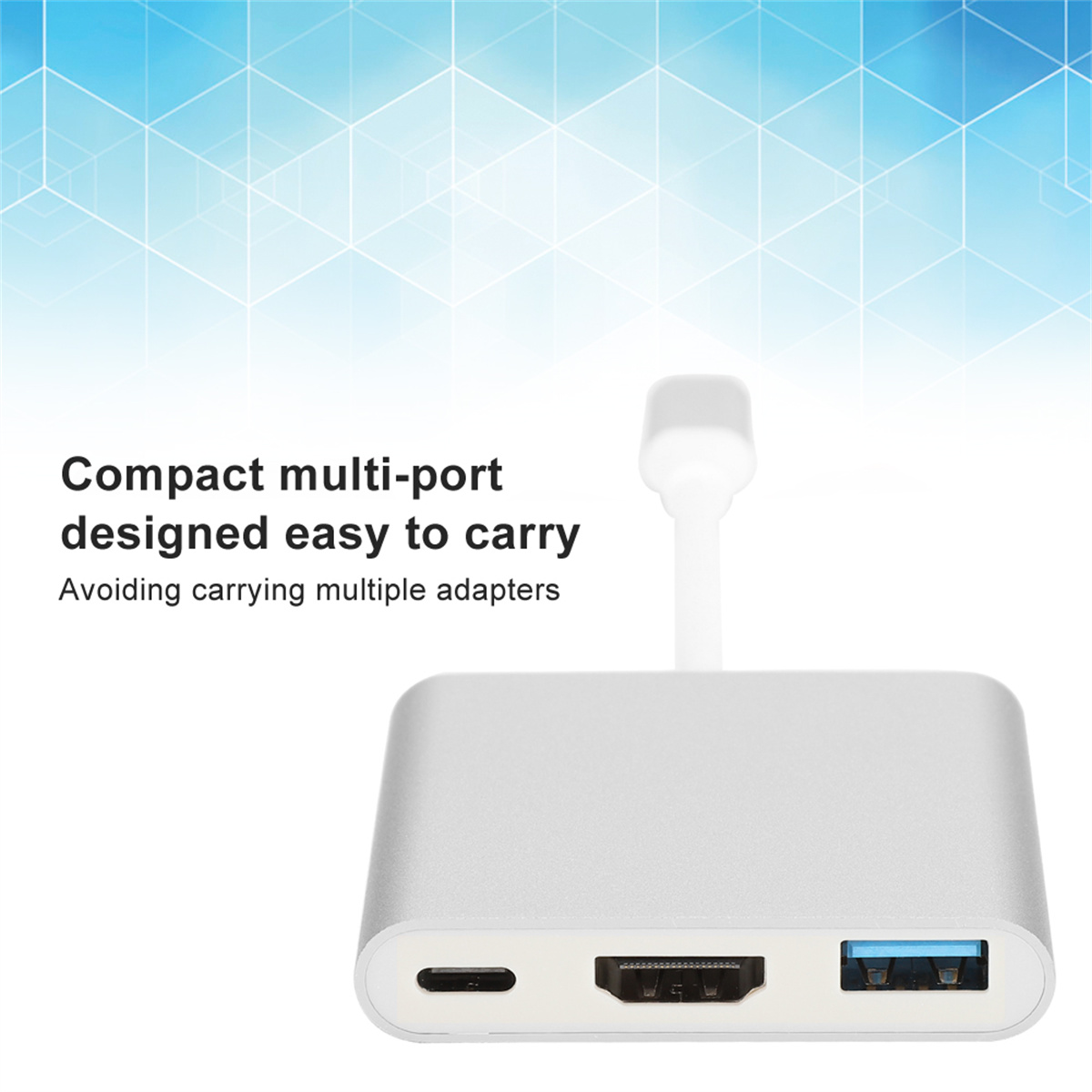 Ein silberner Multiport-Adapter mit Anschlüssen wird gezeigt. Text besagt, dass er kompakt und leicht zu tragen ist.